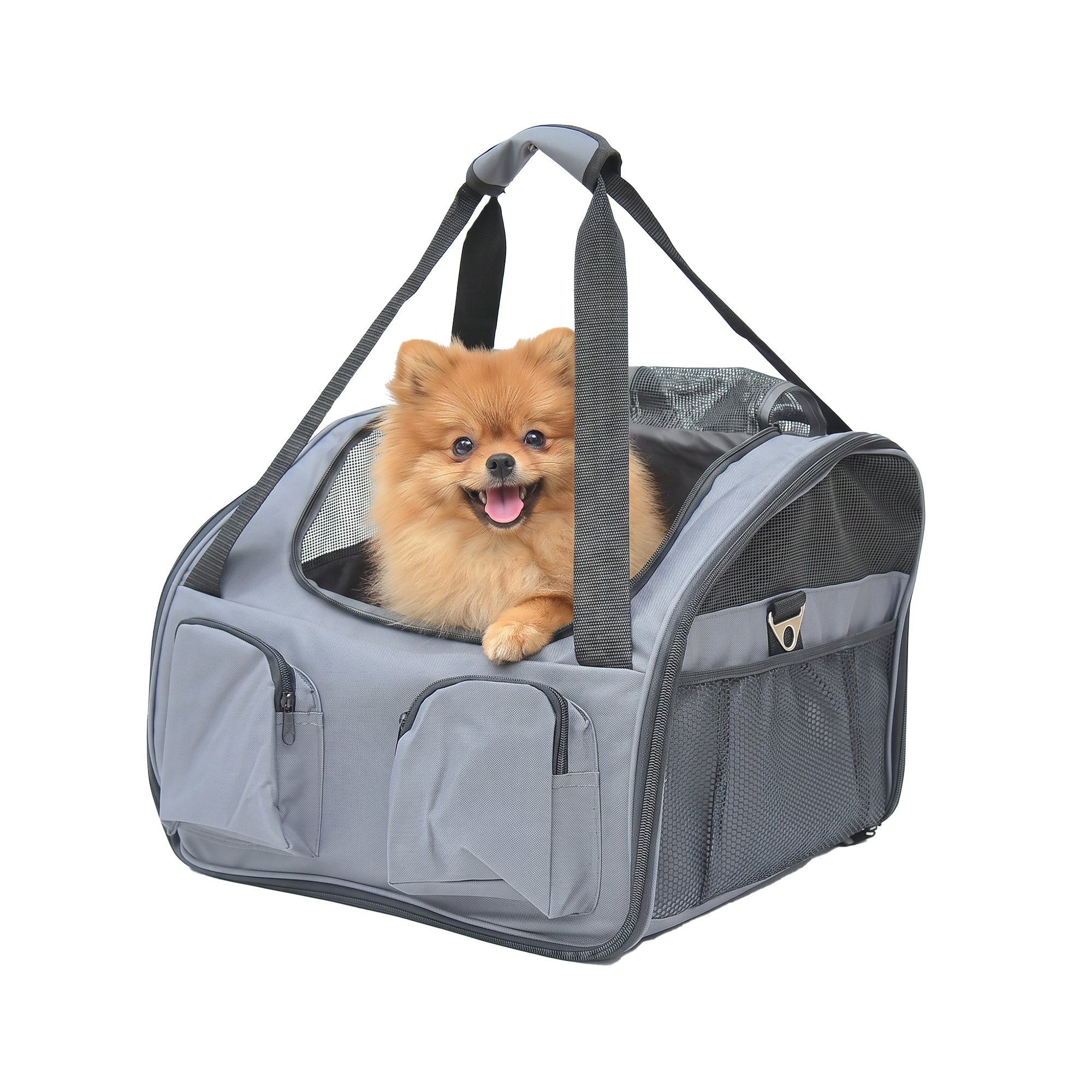 PawHut Pet Carrier Folding Bag Car Seat Cat Dog Puppy Kennel Portable Travel Cage Tote Case Mesh Holder House Grey