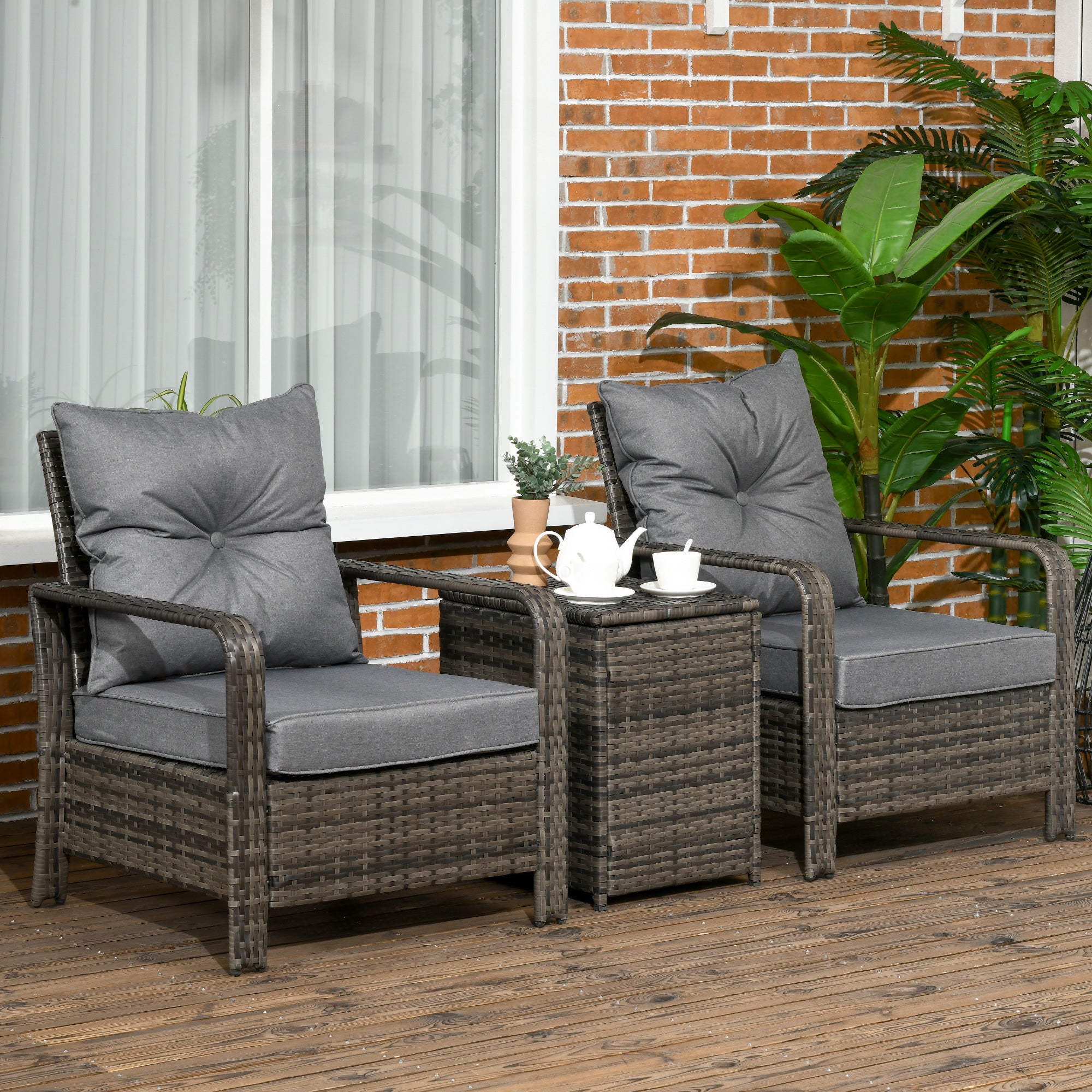 Outsunny 3 Pieces Rattan Bistro Set, Wicker Garden Furniture Set with Storage Coffee Table and Chairs, Thickened Cushions for Outdoor, Patio, Balcony, Grey - North Peak Garden Furniture
