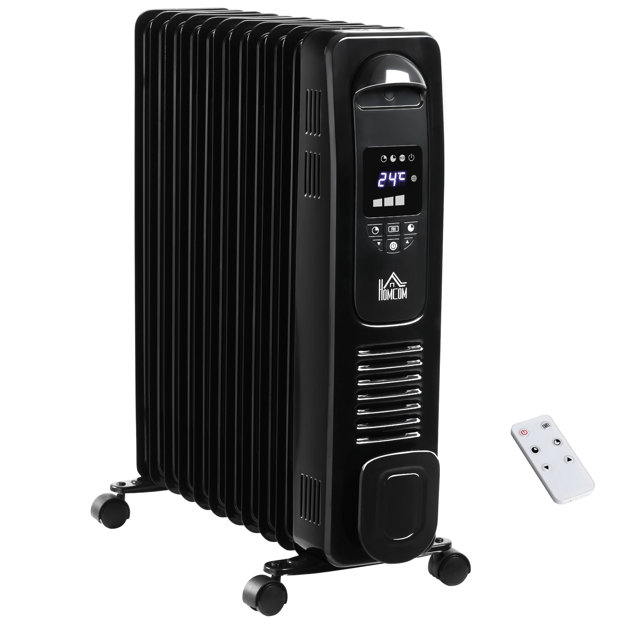 HOMCOM 2500W Digital Display Oil Filled Radiator, 11Fin Portable Electric Heater with Timer, Adjustable Thermostat, Three Heat settings, Safety Cut Off, Remote, Black - North Peak Garden Furniture