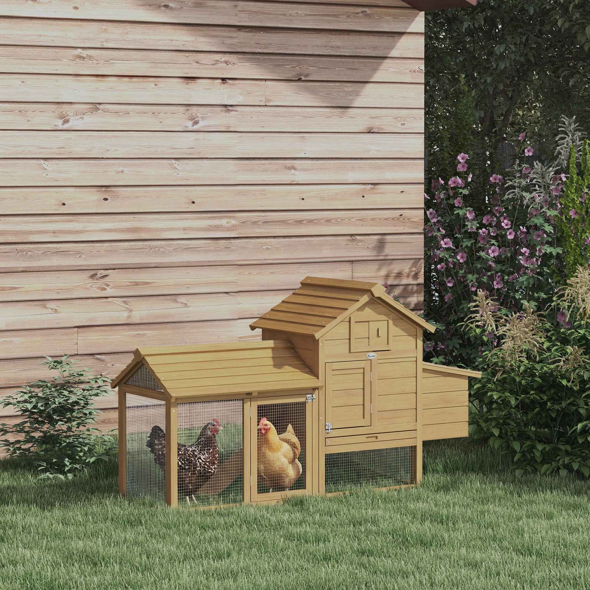 PawHut Small Chicken Coop with Run Hen House Poultry Coops Cages Nesting Box Wood 150.5 x 54 x 87cm