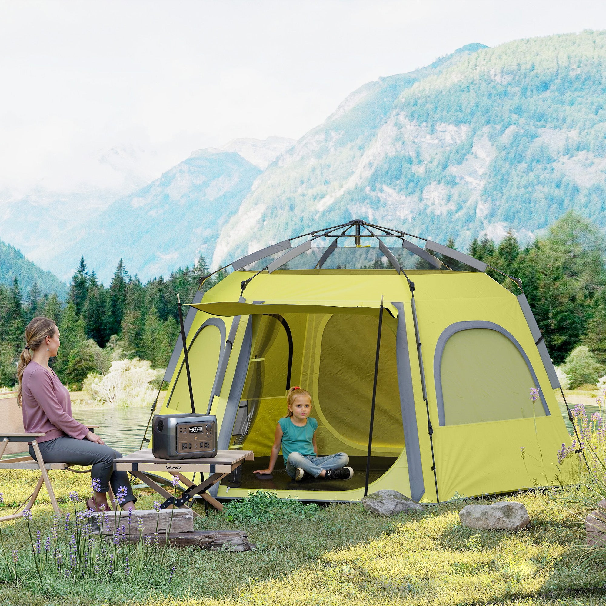 Outsunny Instant Camping Tent, 2/3/4 Person Easy Setup Family Tent with Vestibule, Rainfly, 4 Mesh Windows & 2 Doors, Hexagonal Design, Waterproof UV Protected Dome Tent, Yellow Green - North Peak Garden Furniture