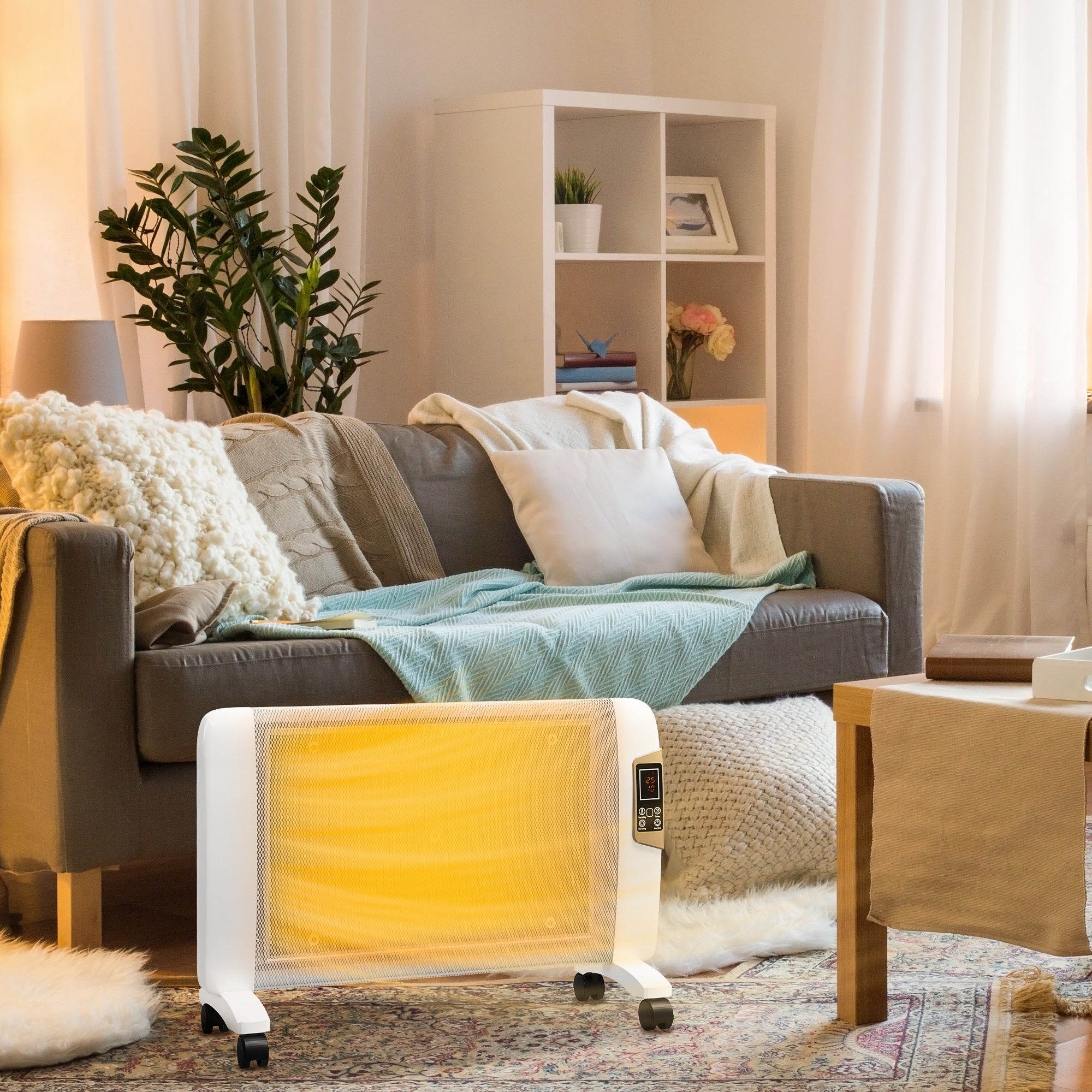 HOMCOM Mica Electric Space Heater, Portable Heater for Home with 2 Heat Settings, Living Room, Study, Garage, Adjustable Temperature 18-30°C, 1000W/2000W, White - North Peak Garden Furniture