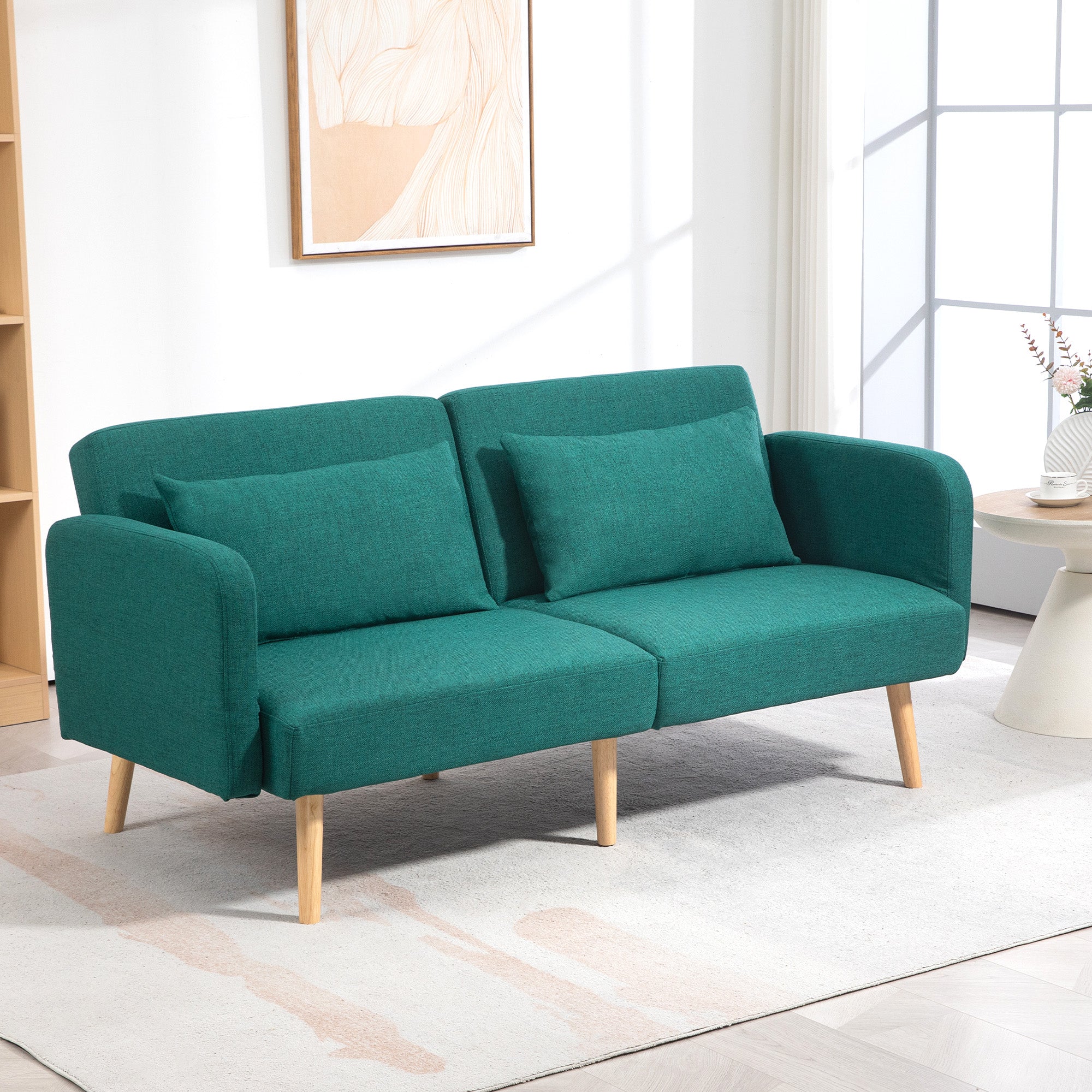 HOMCOM 2/3 Seater Sofa Bed, Convertible Bed Settee, Fabric Sofa Couch with 2 Cushions for Living Room, Guest Room, Green - North Peak Garden Furniture