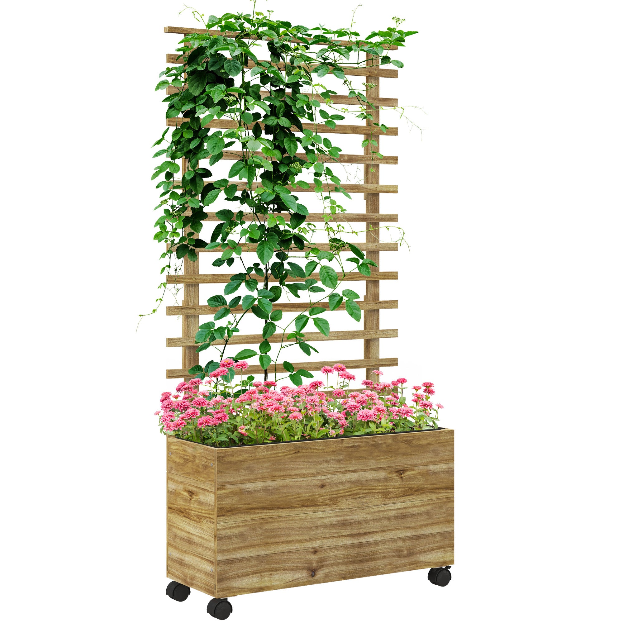 Outsunny Wooden Raised Planter, with Back Trellis - Natural Finish - North Peak Garden Furniture