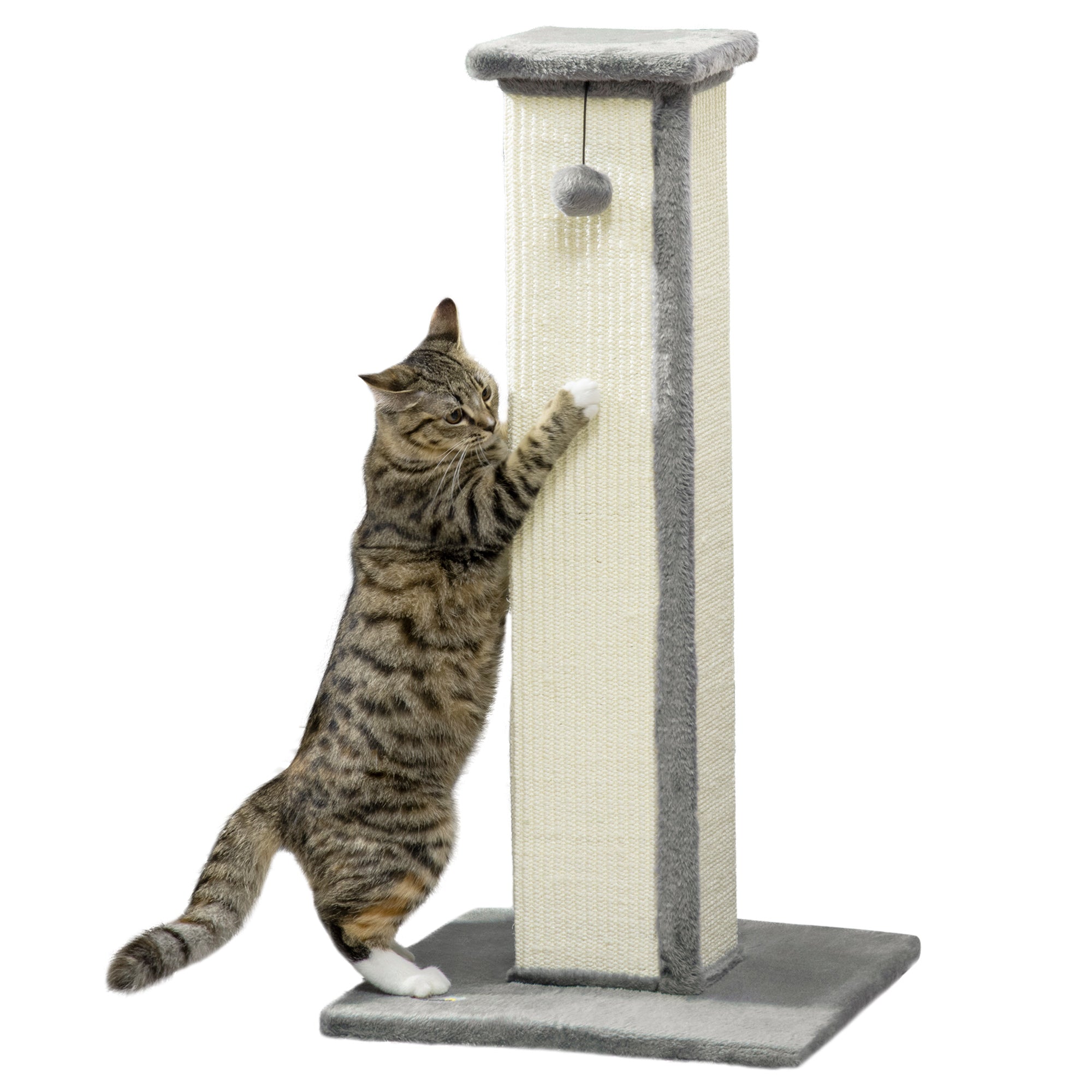 PawHut 81cm Cat Scratcher, Vertical Full Scratcher w/ Natural Sisal Rope, Hanging Ball, Soft Plush - Grey - North Peak Garden Furniture