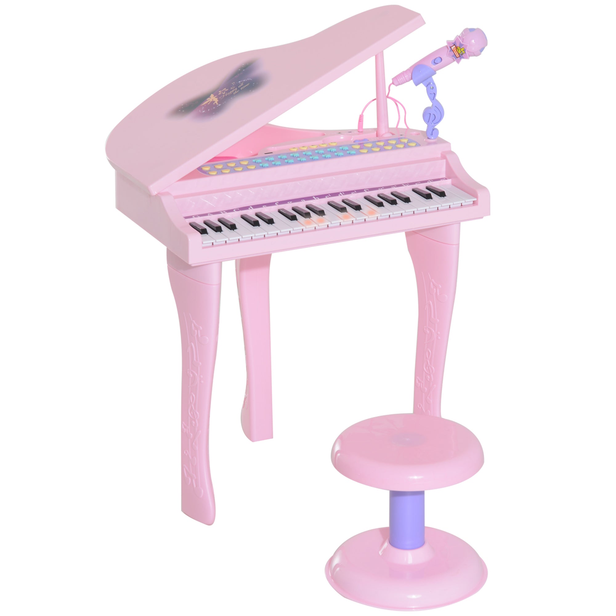 HOMCOM 37 Keys Kids Mini Electronic Keyboard Children Grand Piano with Stool Microphone Light Musical Instrument Educational Game Toy Set (Pink) - North Peak Garden Furniture