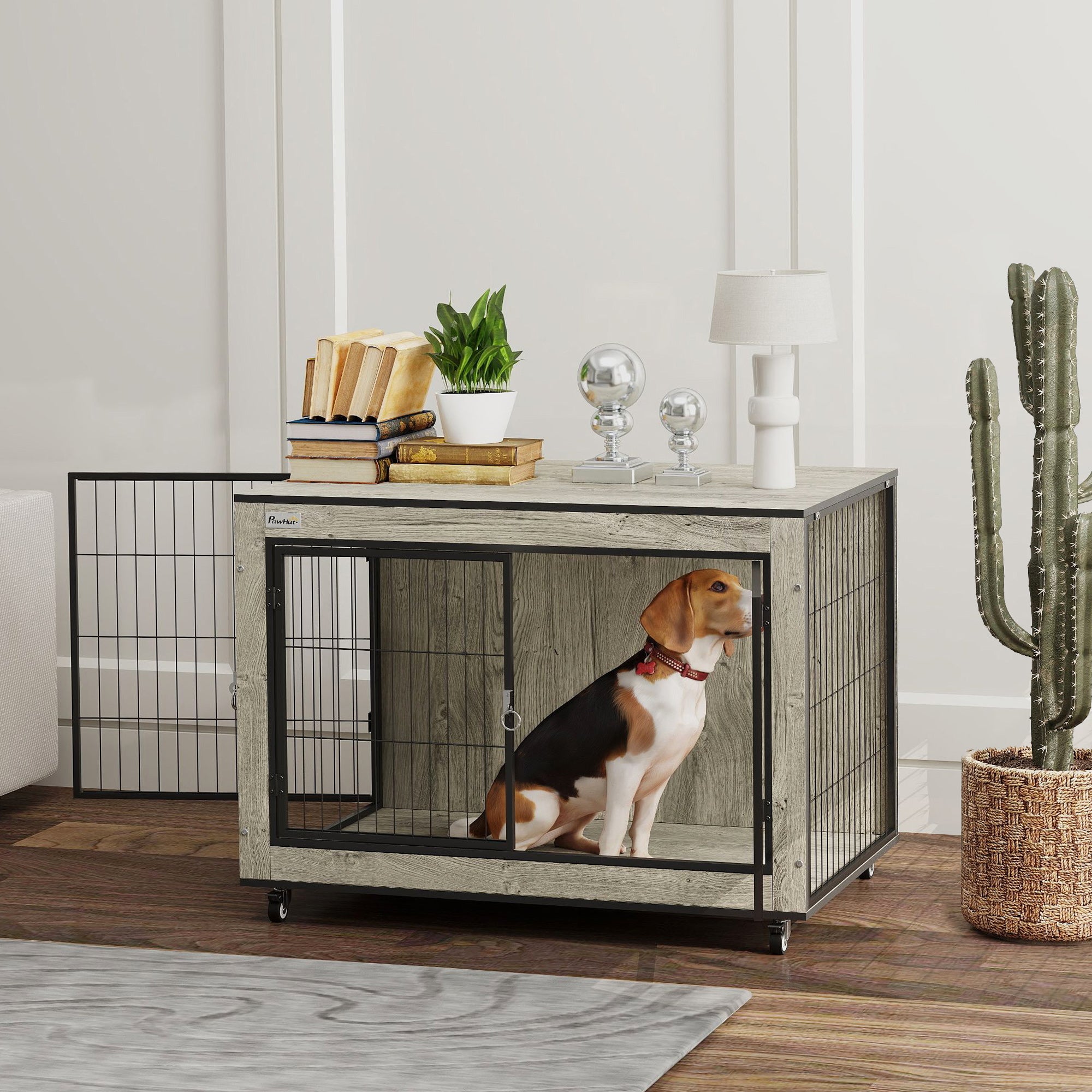 PawHut Dog Crate Furniture with Wheels, Double Doors, for Medium Dogs, 80 x 56 x 62.5cm, Grey - North Peak Garden Furniture
