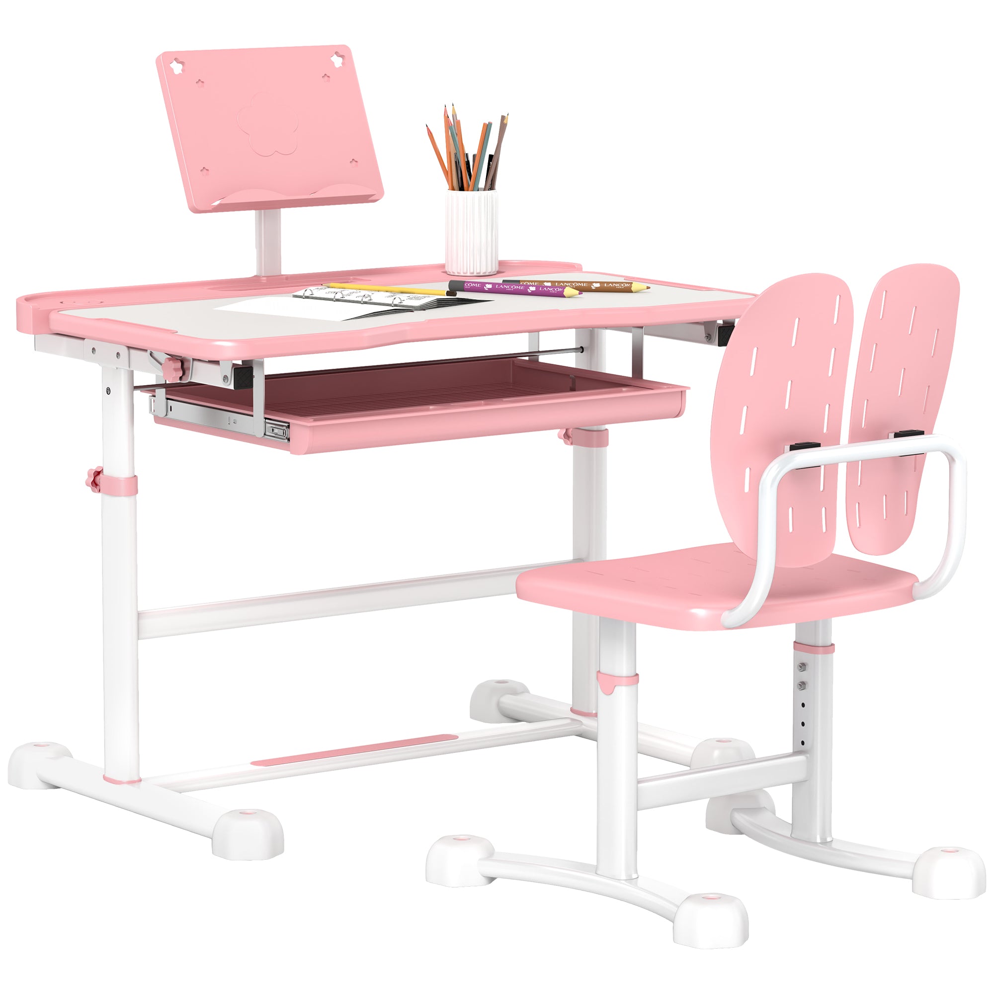 AIYAPLAY Height Adjustable Kids Desk and Chair Set, School Study Writing, Reading Table Chair Set w/ Tilted Desktop, Pink - North Peak Garden Furniture