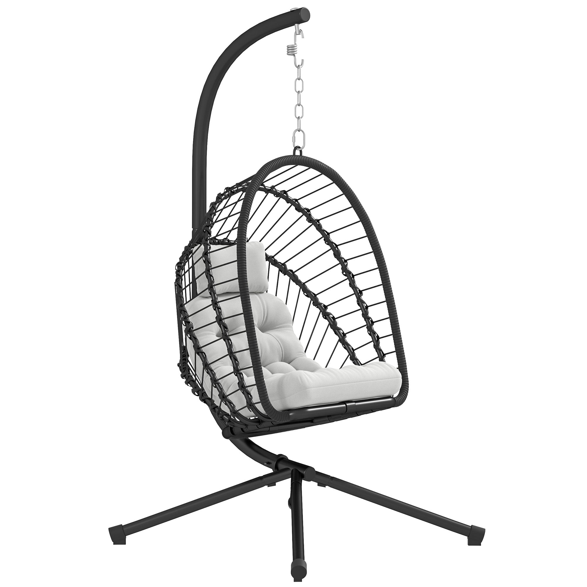 Outsunny Outdoor PE Rattan Swing Chair with Cushion, Garden Foldable Basket Patio Hanging Egg Chair with Metal Stand, Headrest, for Indoor and Outdoor, Black - North Peak Garden Furniture