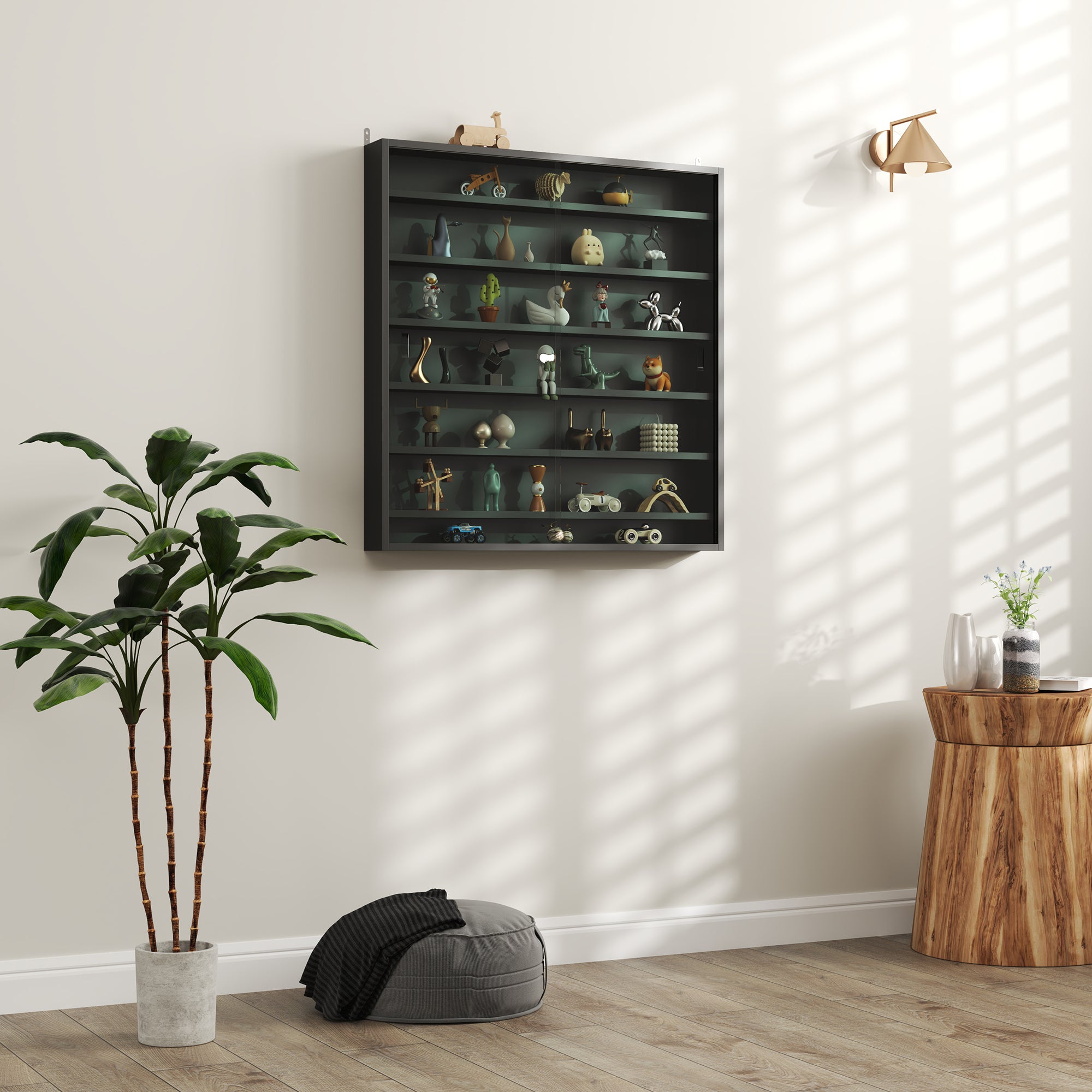 HOMCOM 7-Tier Wall Display Shelf Unit Cabinet w/ 6 Adjustable Shelves Glass Doors Home Office Ornaments 83x80cm, Black - North Peak Garden Furniture