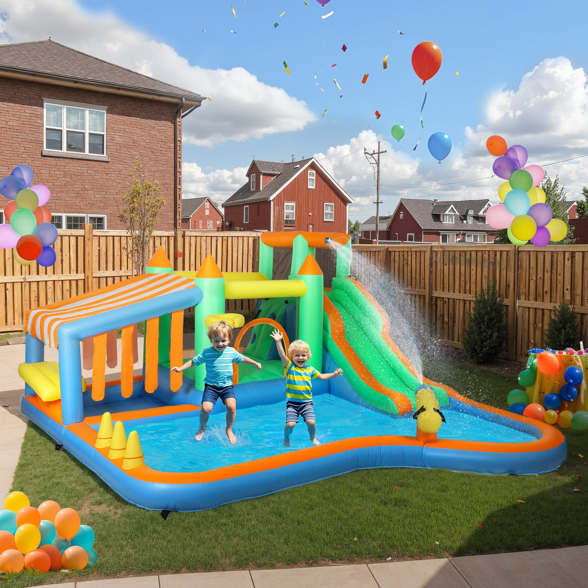 AIYAPLAY 8 in 1 Inflatable Bounce House with 680W Blower, Slide, 2 Pools, Basketball Hoop, Climbing Wall, Water Gun, Ring Toss - North Peak Garden Furniture