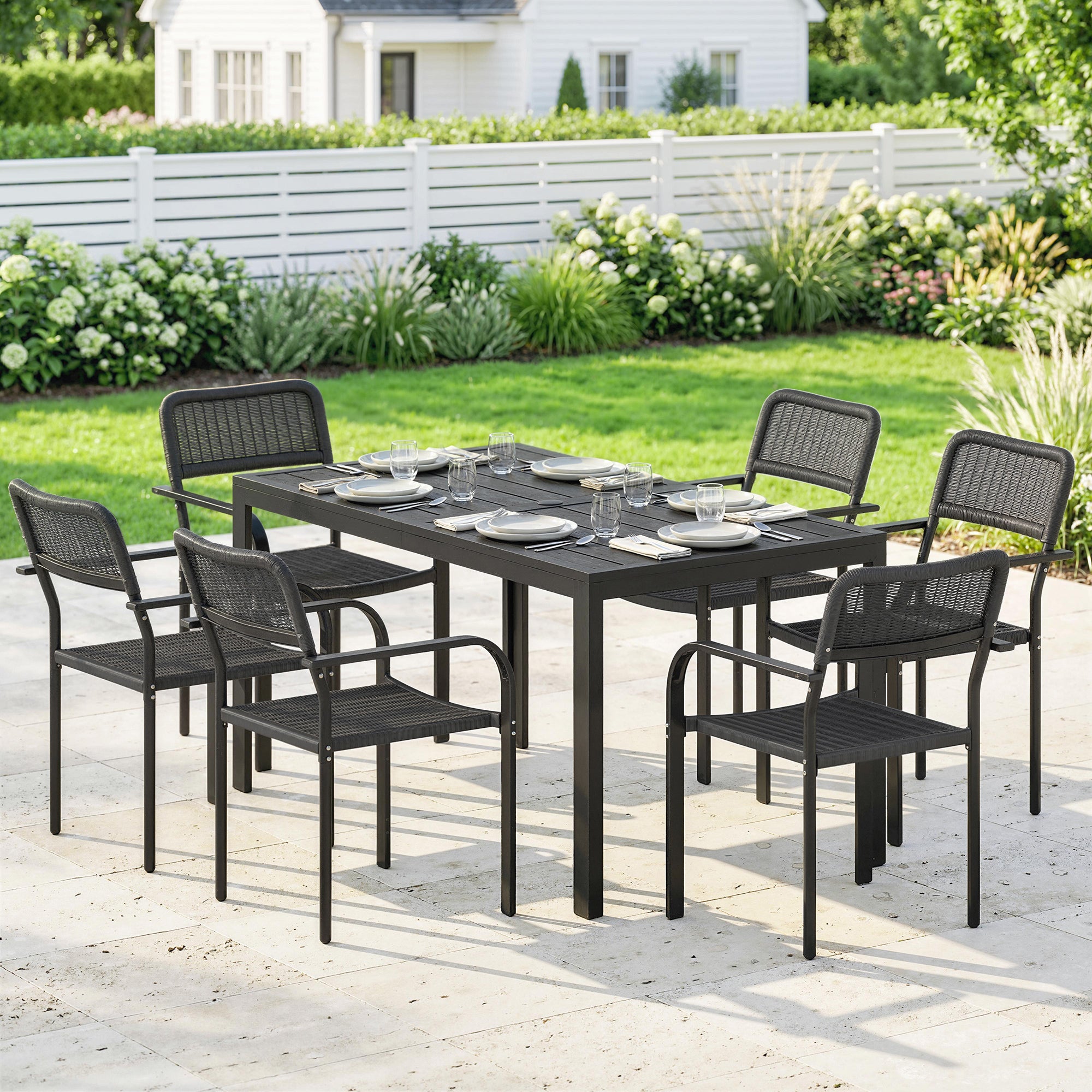 Outsunny Garden Dining Set for 6, Faux Wood Metal Outdoor Table and Stackable Chairs with Plastic Rattan Effect Seat, Black