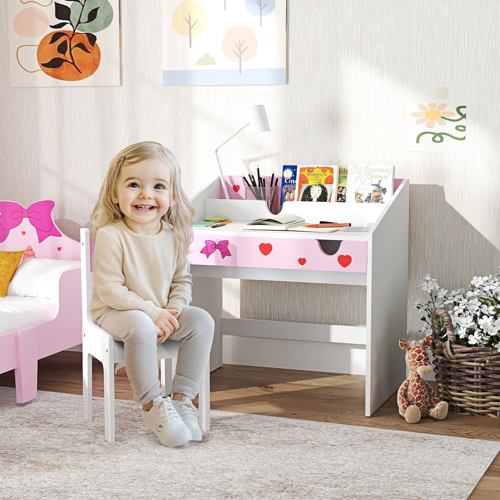 AIYAPLAY Children Study Table and Chair, Kids Desk and Chair Set with Storage, Pull-out Drawer, Gift for 3-6 Years Old - Pink - North Peak Garden Furniture