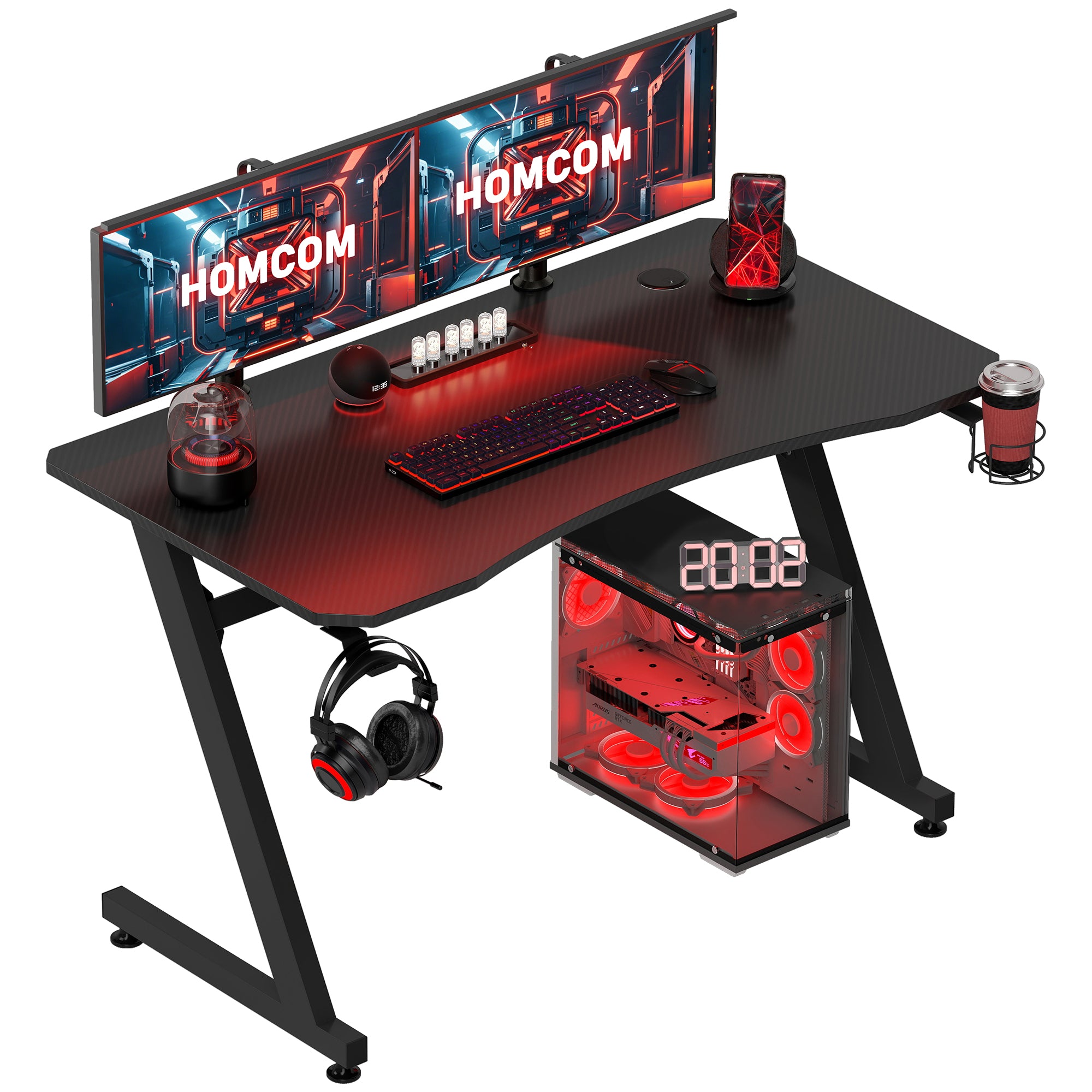 HOMCOM Gaming Desk 120 x 65 cm Steel Frame with Cup Holder, Headphone Hook, Adjustable Feet and Cable Organiser, Home Office Computer Table, Black - North Peak Garden Furniture
