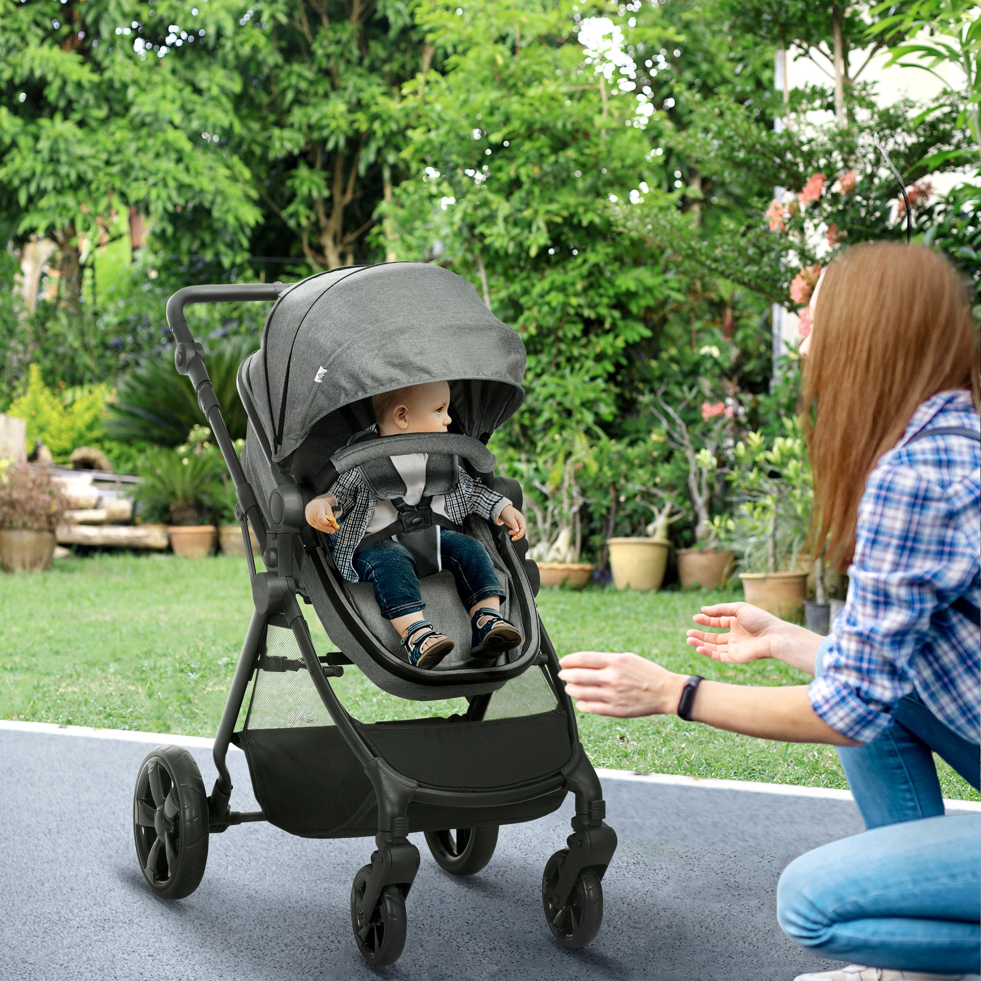 HOMCOM Foldable Baby Stoller, with Reclining Backrest, Adjustable Canopy, for Ages 0-36 Months - Grey - North Peak Garden Furniture