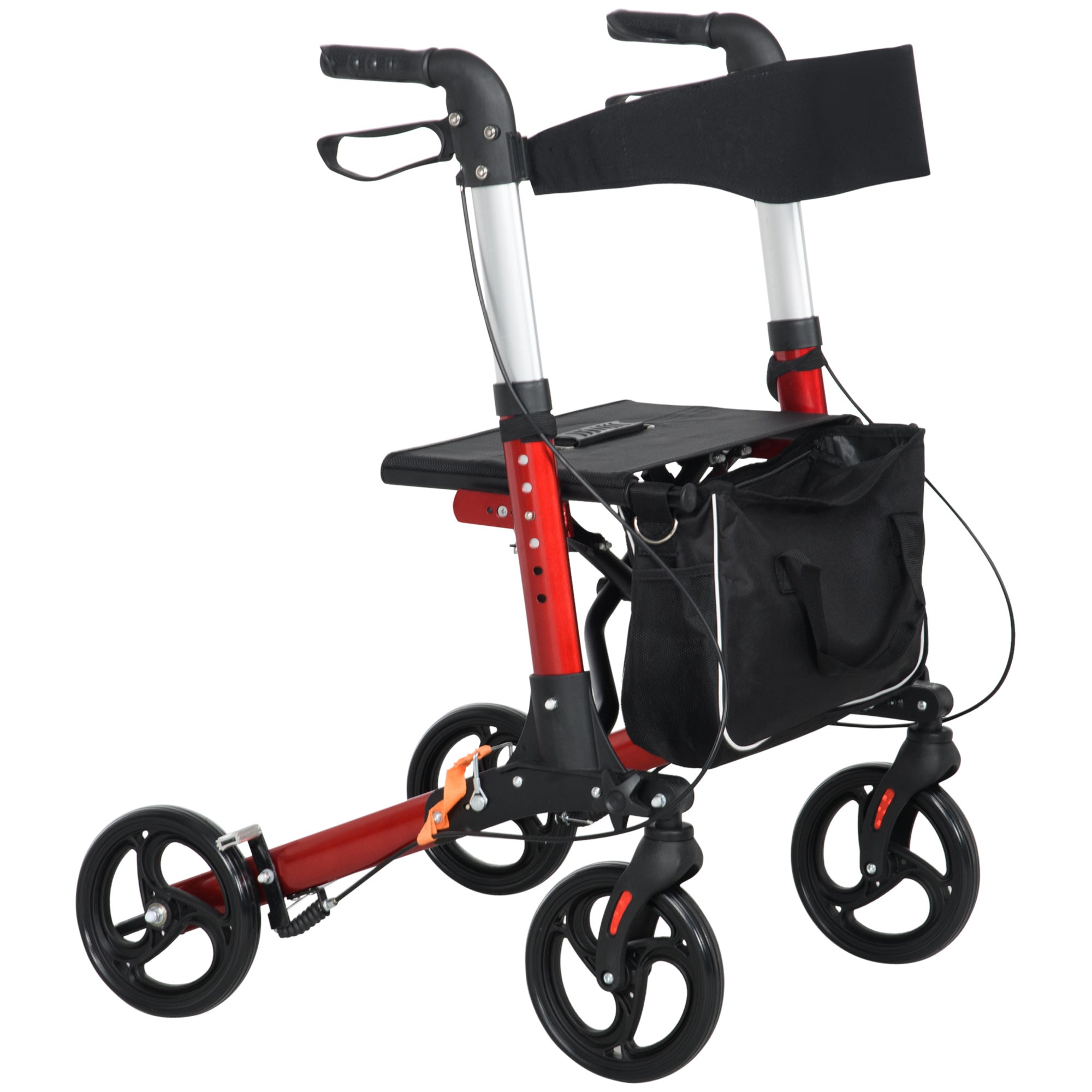 HOMCOM Folding Rollator Walker with Seat and Backrest, Lightweight Walking Frame with Detachable Storage Bag, Dual Brakes, Adjustable Handle Height, 4 Wheeled Walker for Seniors, Handicapped, Red - North Peak Garden Furniture