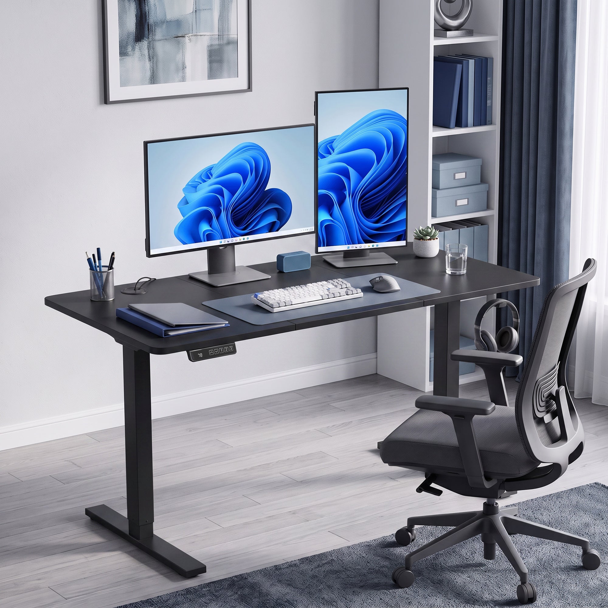 HOMCOM Standing Desk Memory Control Height Adjustable Desk 2 Cable Holes LED Display Sit Stand Desk Black