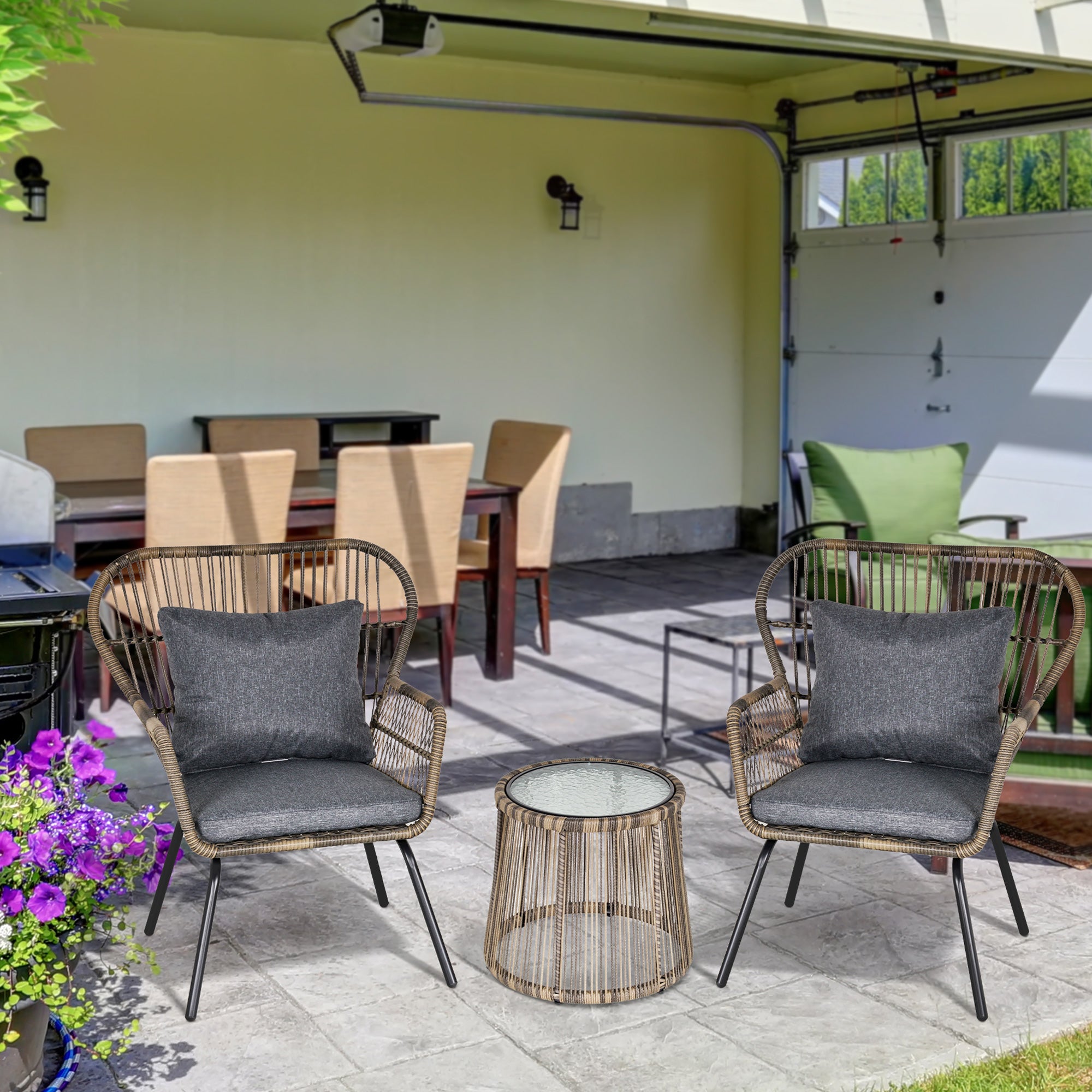 Outsunny 3 Pieces Rattan Bistro Set, Wicker Garden Furniture Set with Cushions, Glass Top Coffee Table and Chairs for Outdoor, Patio, Balcony, Grey - North Peak Garden Furniture