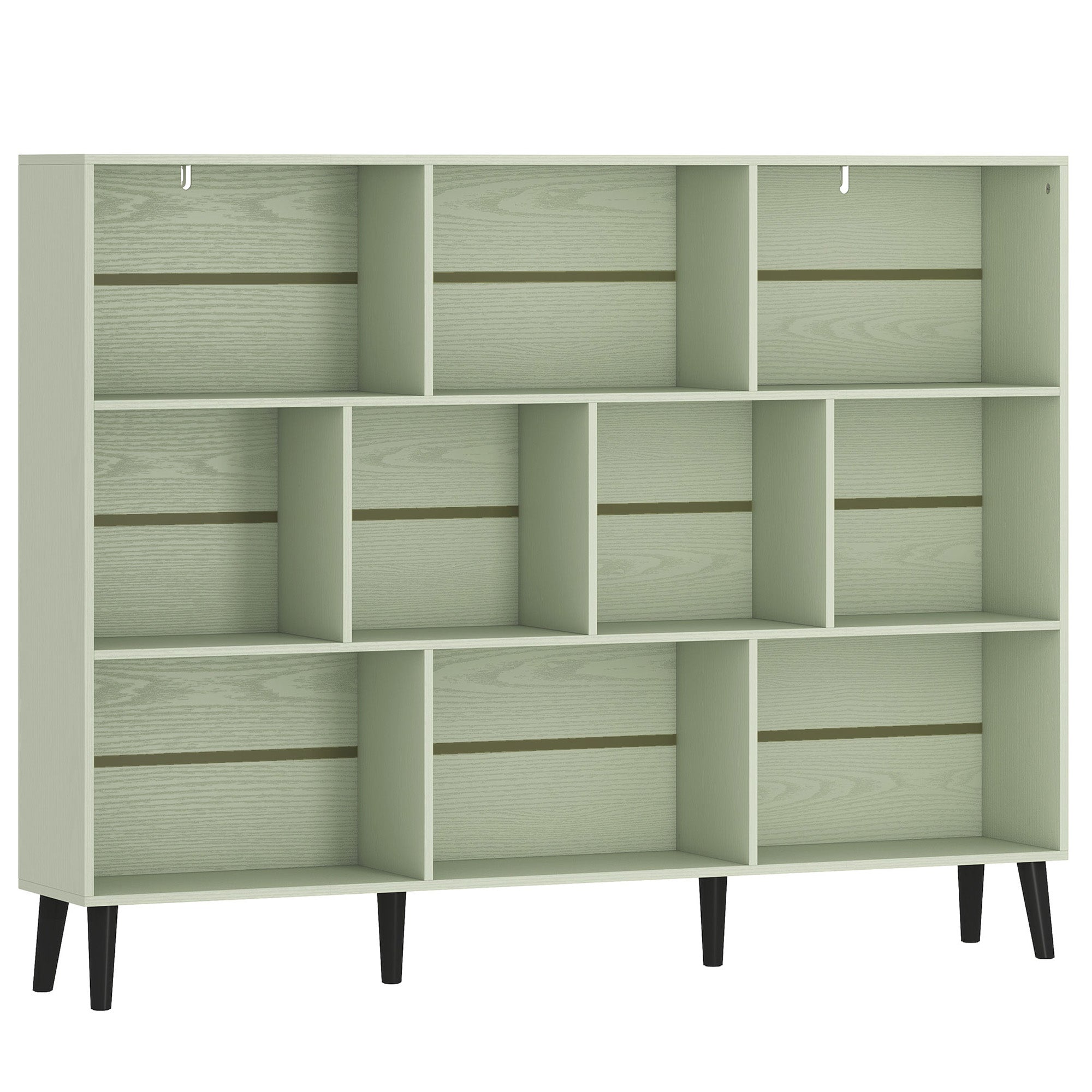 HOMCOM 10-Cube Bookcase, 3-Tier Book Shelf with Solid Wood Legs, 140 cm Modern Bookshelf with Anti-Tip Kit, Light Green