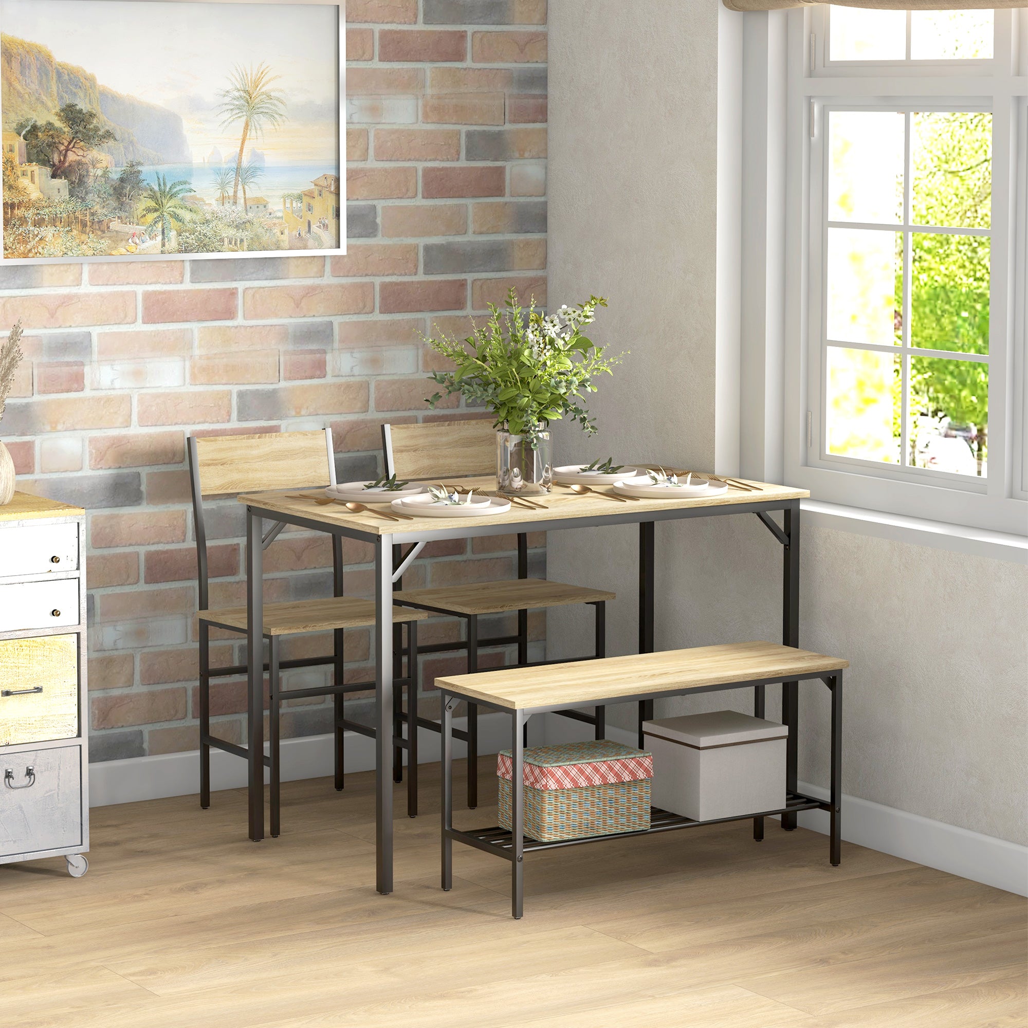 HOMCOM Four-Piece Dining Set, With Table, Chairs and Bench - North Peak Garden Furniture