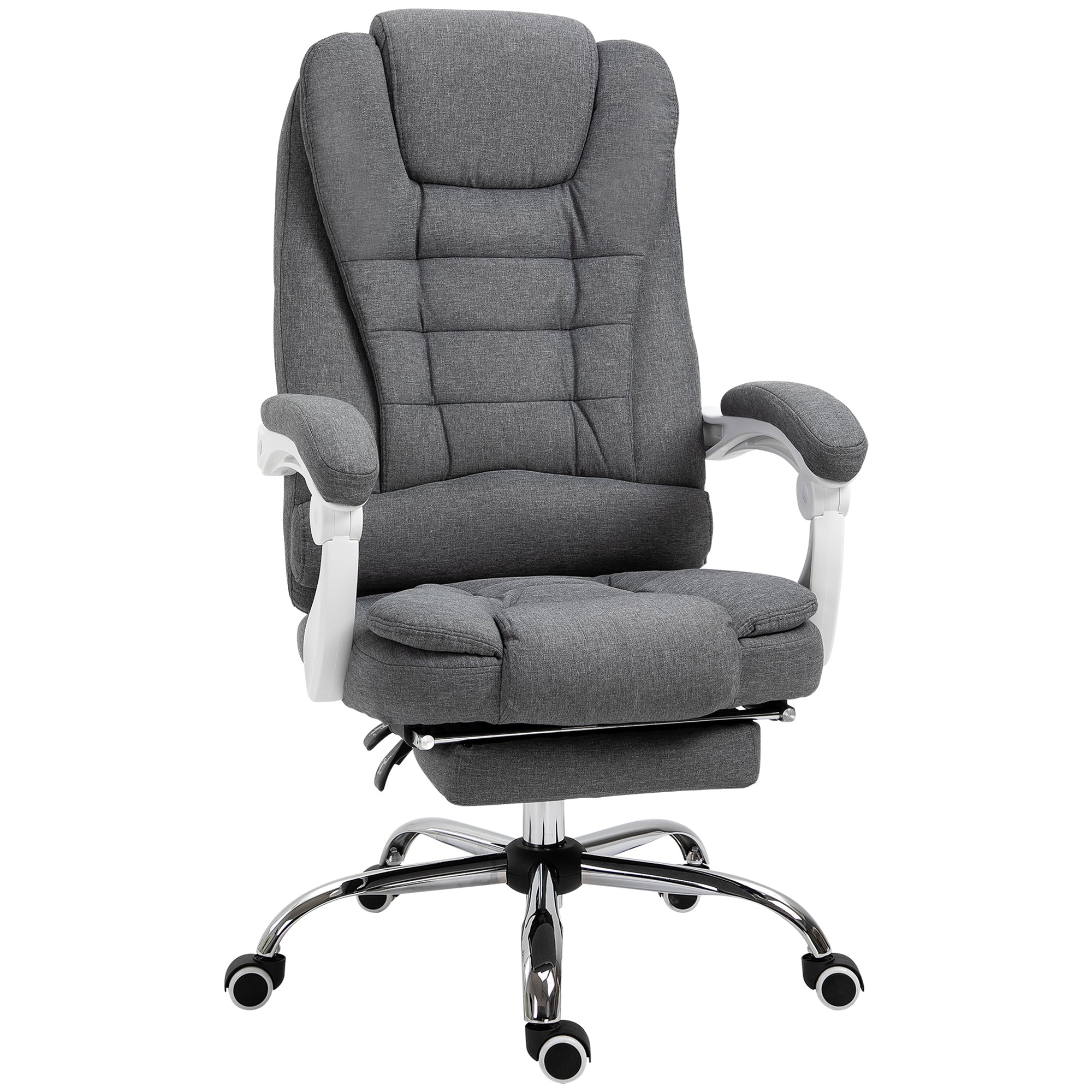Vinsetto Office Chair, Computer Desk Chair, Linen Fabric Swivel Rolling Task Chair with Large Soft Padded Cushion, 135° Reclining Backrest and Retractable Footrest, Grey - North Peak Garden Furniture