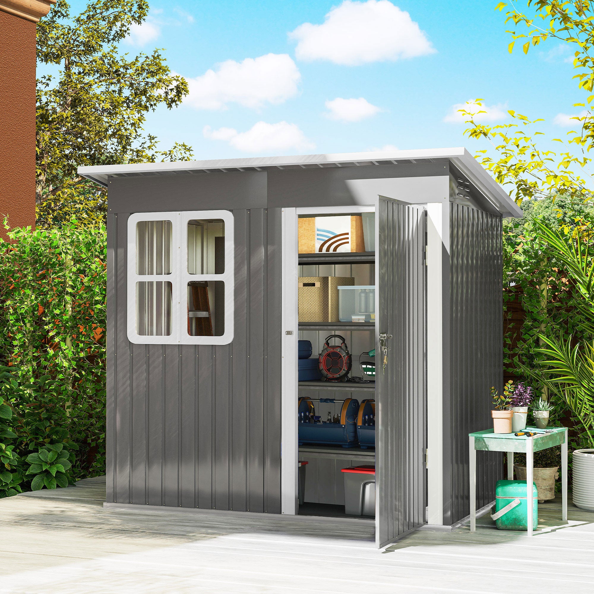 Outsunny 7 x 4ft Eco-friendly Galvanised Steel Garden Shed, with Lock and Gloves, 40kg/㎡ Snow Capacity - Grey