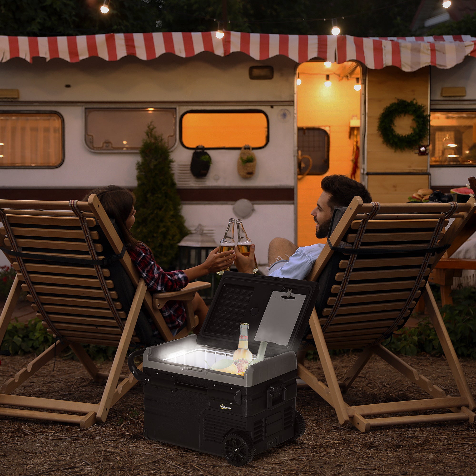 Outsunny 40L Car Refrigerator, Portable Compressor Cooler Box, Fridge Freezer w/ Inner LED Light, Foldable Handles, Cup Holders, 12/24V DC and 110-240V AC for Campervan RV Boat Travel Down to -20℃ - North Peak Garden Furniture