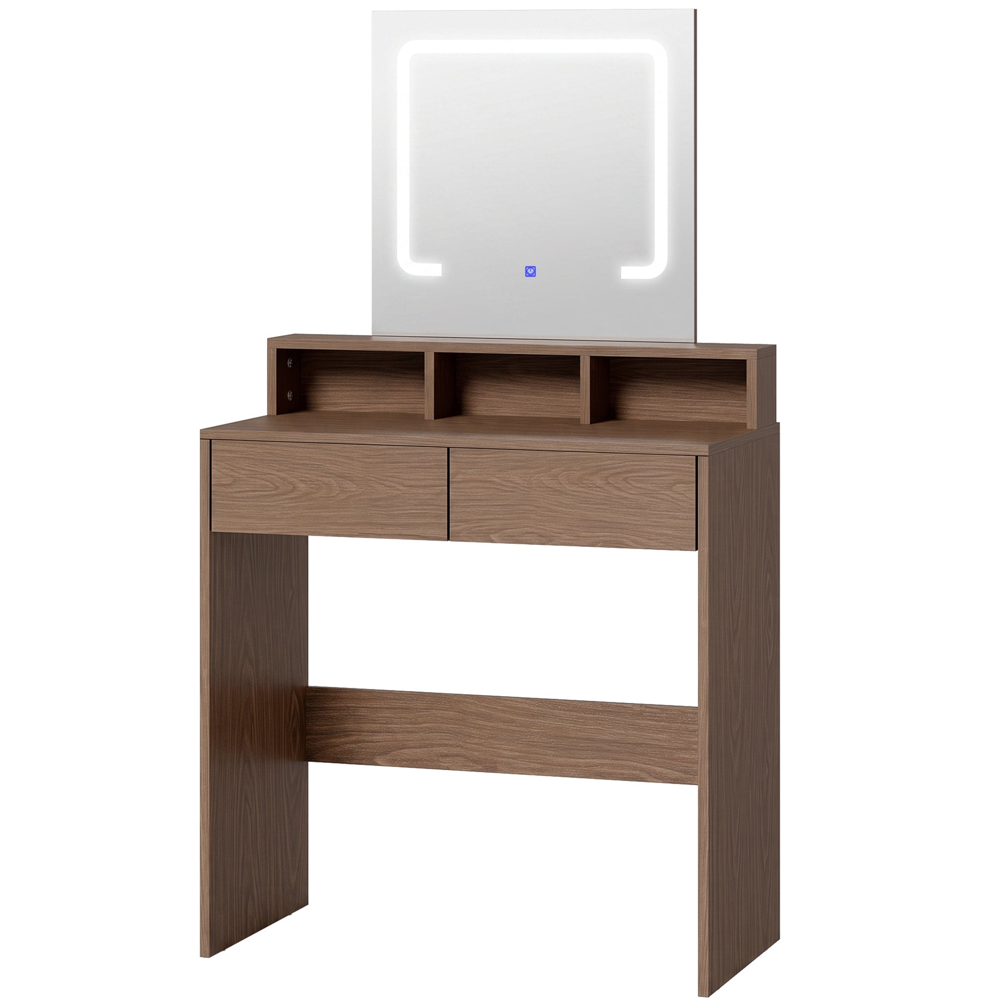 HOMCOM Vanity Table, Dressing Table with Mirror, LED Lights, 2 Drawers, 3 Compartments, 3 Colour Lighting, Walnut