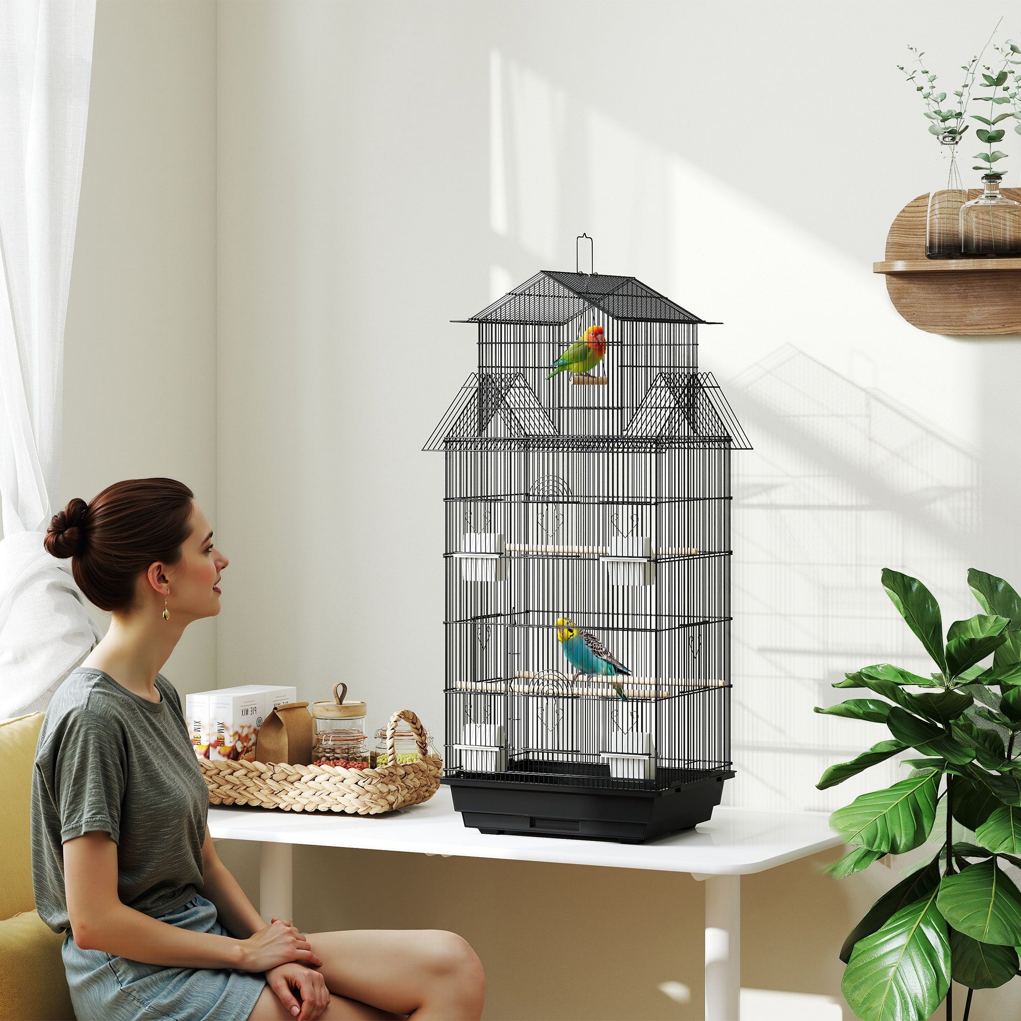 PawHut Metal Bird Cage with Plastic Swing, Perch, Food Container, Tray, Handle, for Finches, Canaries, 43 x 32.5 x 104cm - North Peak Garden Furniture