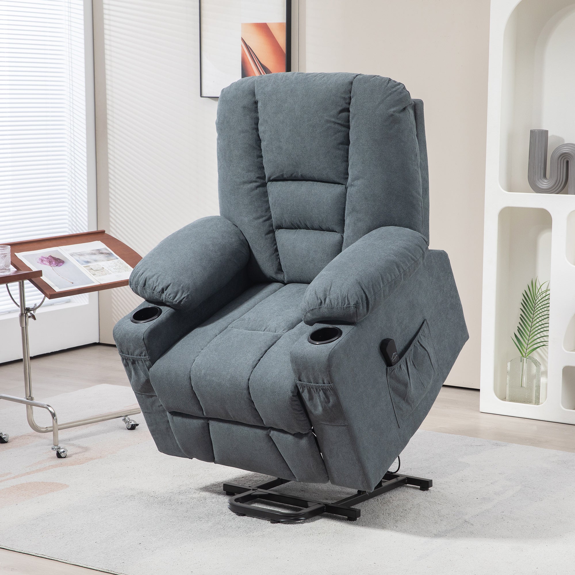 HOMCOM Oversized Riser and Recliner Chairs for the Elderly, Fabric Upholstered Lift Chair for Living Room with Remote Control, Side Pockets, Cup Holder, Grey - North Peak Garden Furniture