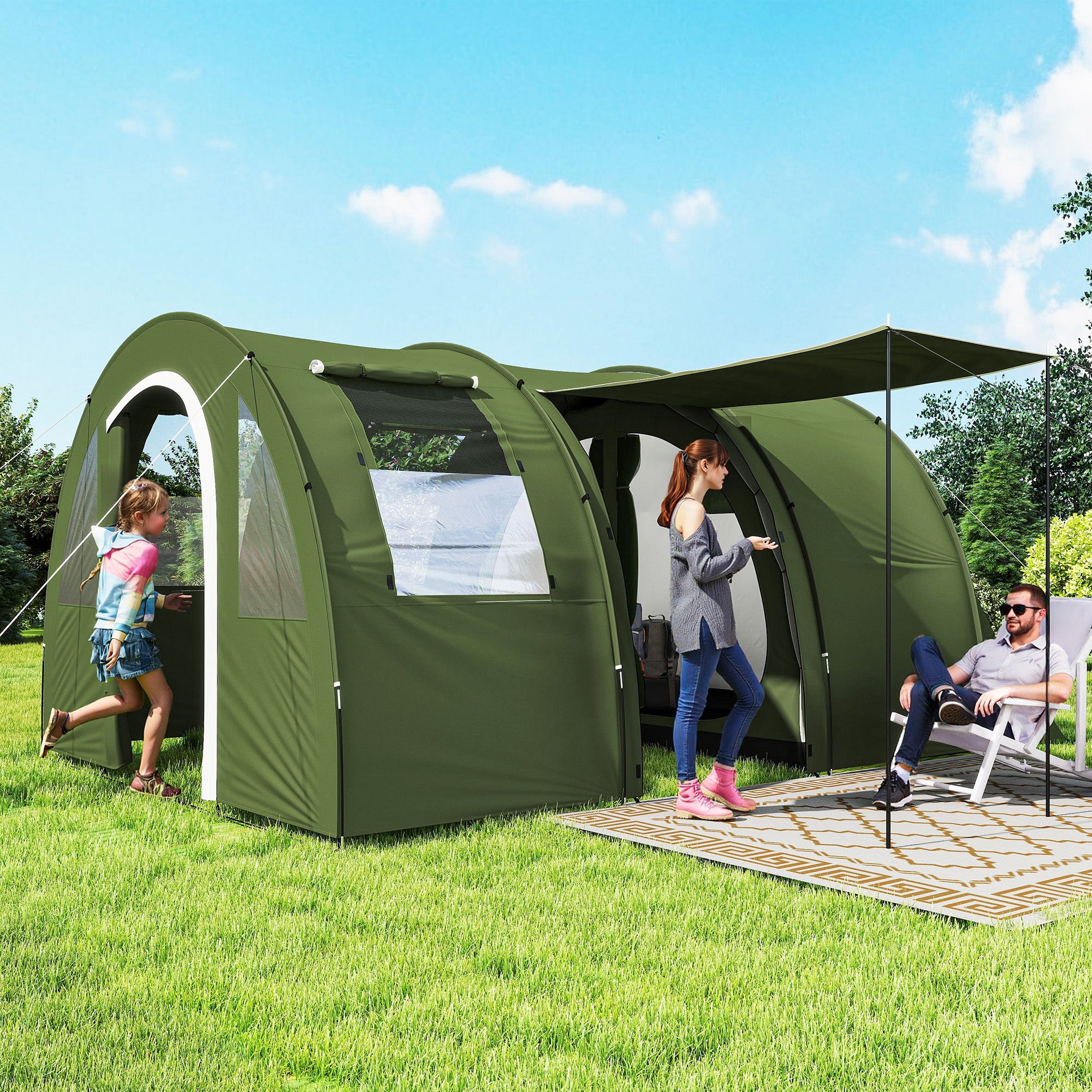 Outsunny 5-6 Man Camping Tent with 2 Room, Floor and Carry Bag - Green - North Peak Garden Furniture