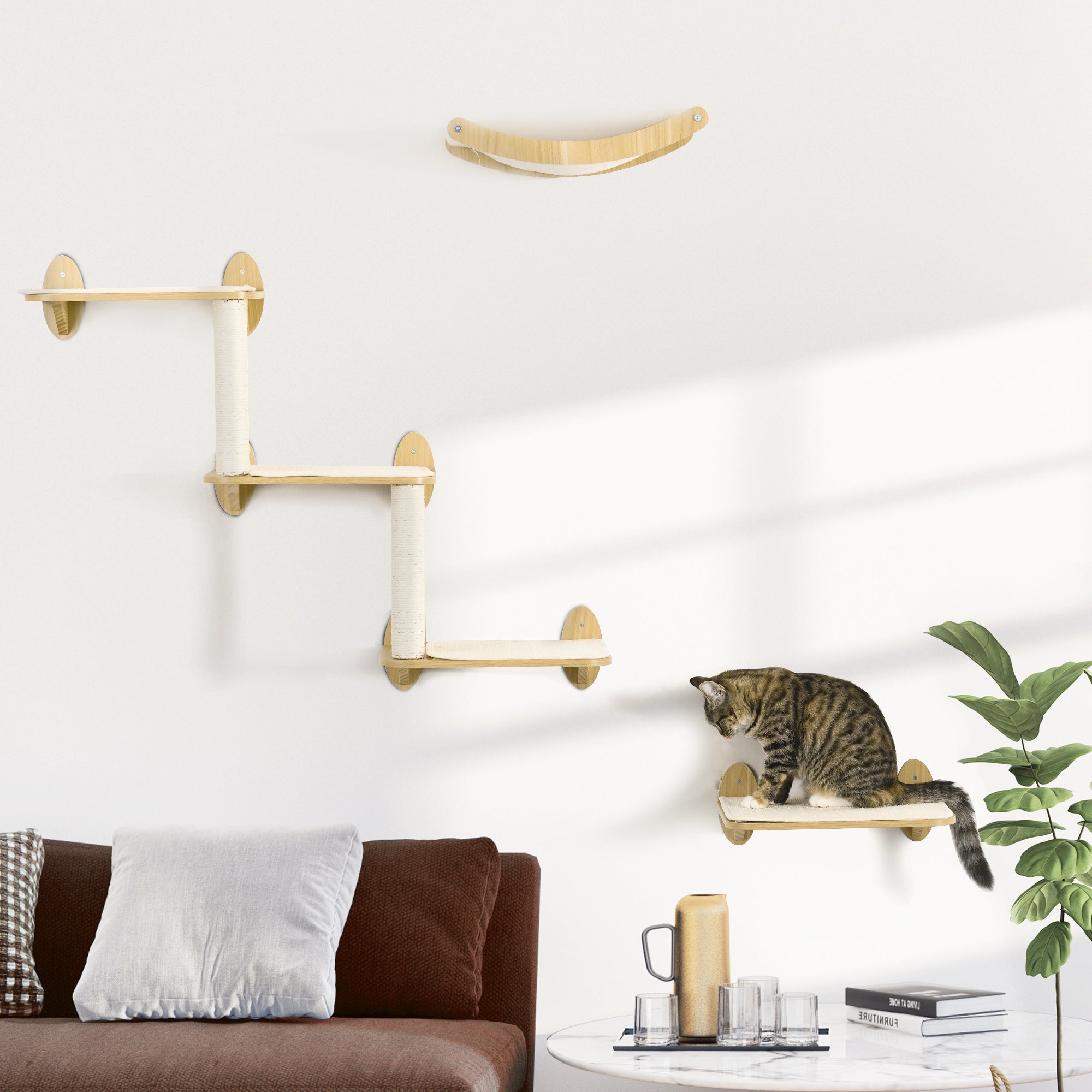 PawHut 3PCs Wall-Mounted Cat Shelves, with Jumping Platforms, Hammock, Scratching Post - Oak Tone - North Peak Garden Furniture