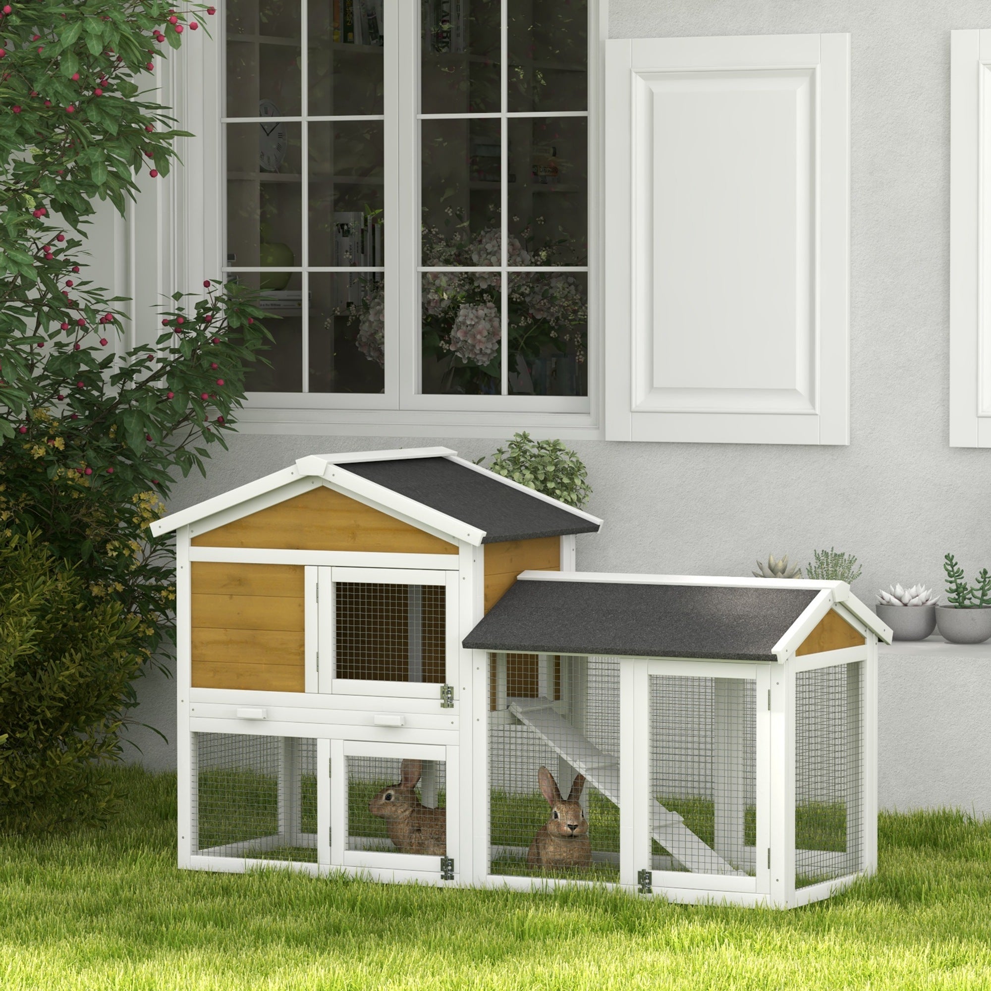 PawHut Wooden Rabbit Hutch Outdoor, Double Tier with Water-Resistant Roof, Ramp 147 x 54 x 84 cm, Yellow - North Peak Garden Furniture