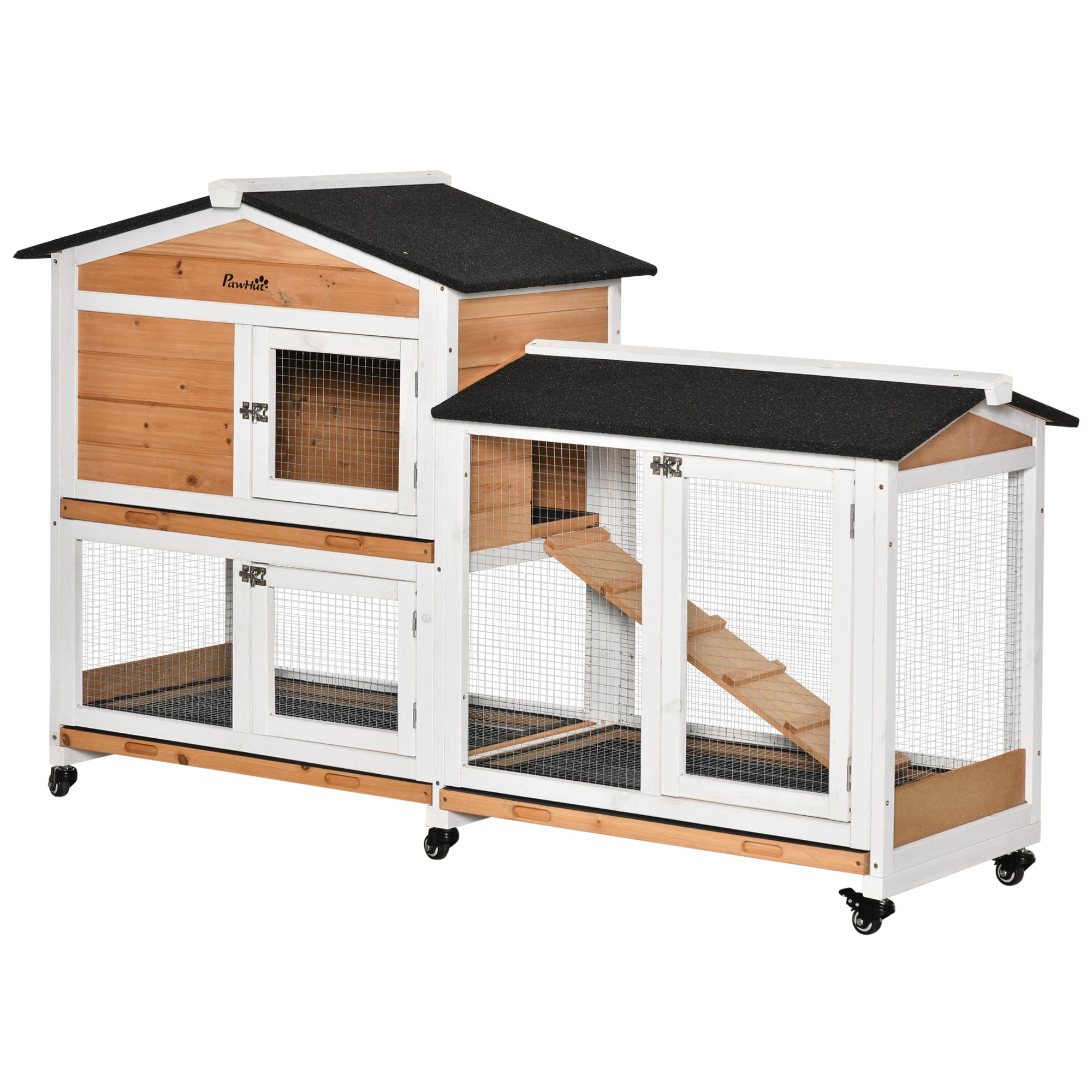 PawHut Rabbit Hutch Outdoor with Run Guinea Pig Hutch 2-Tier Bunny Cage w/ Wheels No-Leak Plastic Tray 157.4 x 53 x 99.5 cm - Yellow - North Peak Garden Furniture