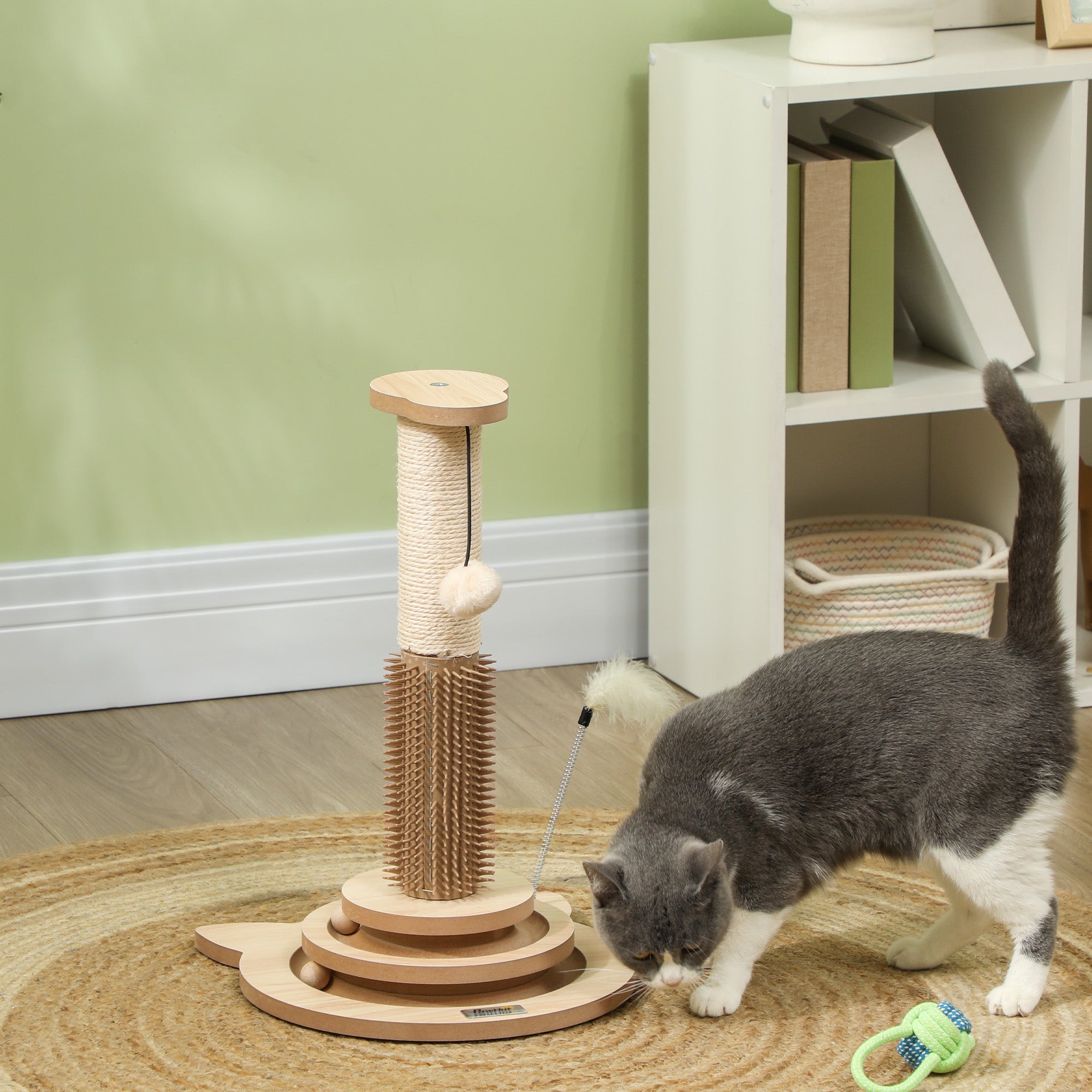 PawHut 49cm 5 in 1 Cat Scratching Post with Sisal Post, Track Ball, Self Grooming Brush, Hanging Toy Ball, Feather, Oak Tone - North Peak Garden Furniture