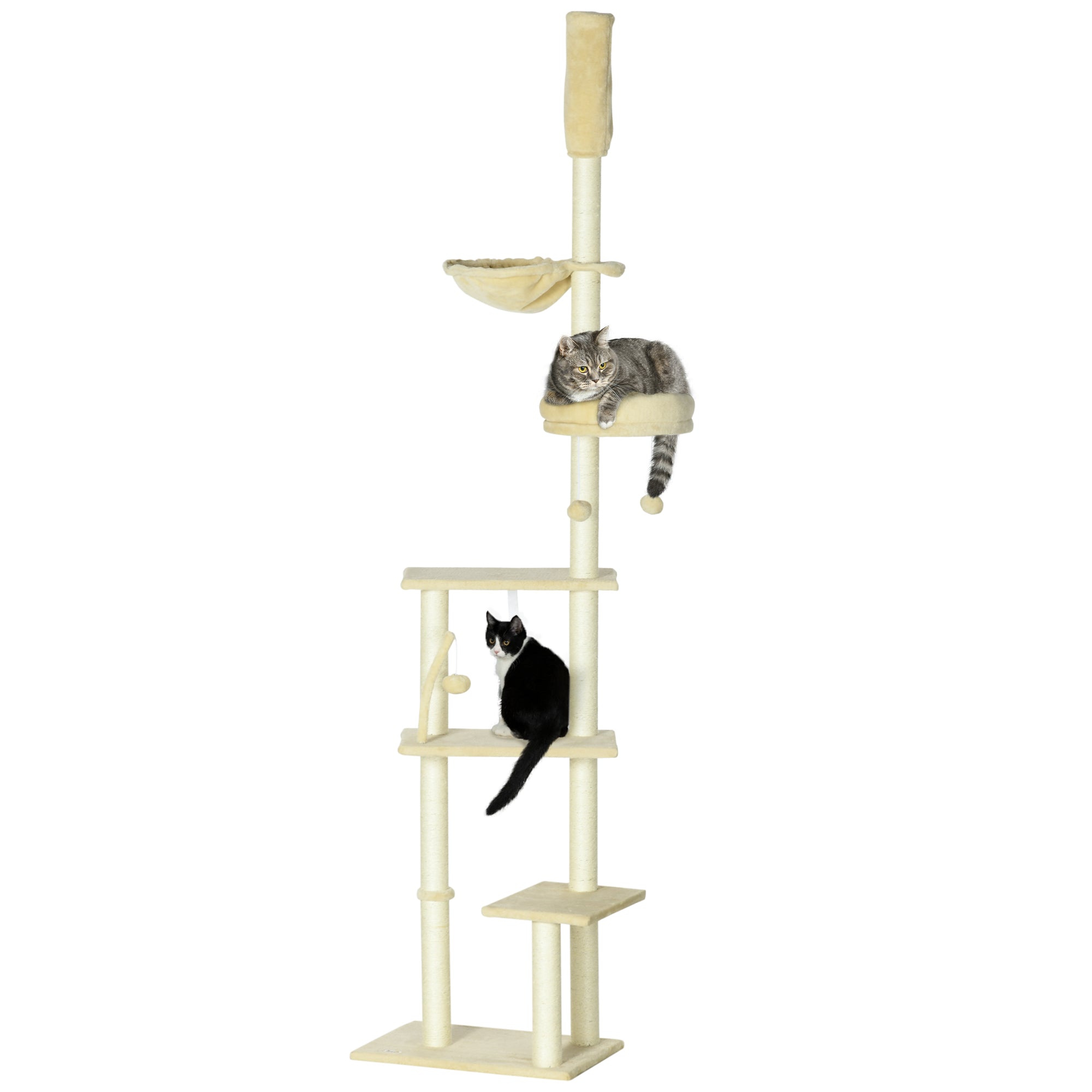 PawHut Floor to Ceiling Cat Tree for Indoor Cats, 6-Tier Play Tower Climbing Activity Center with Scratching Post, Platforms, Bed, Hammock, Adjustable Height 230-250cm, Beige - North Peak Garden Furniture