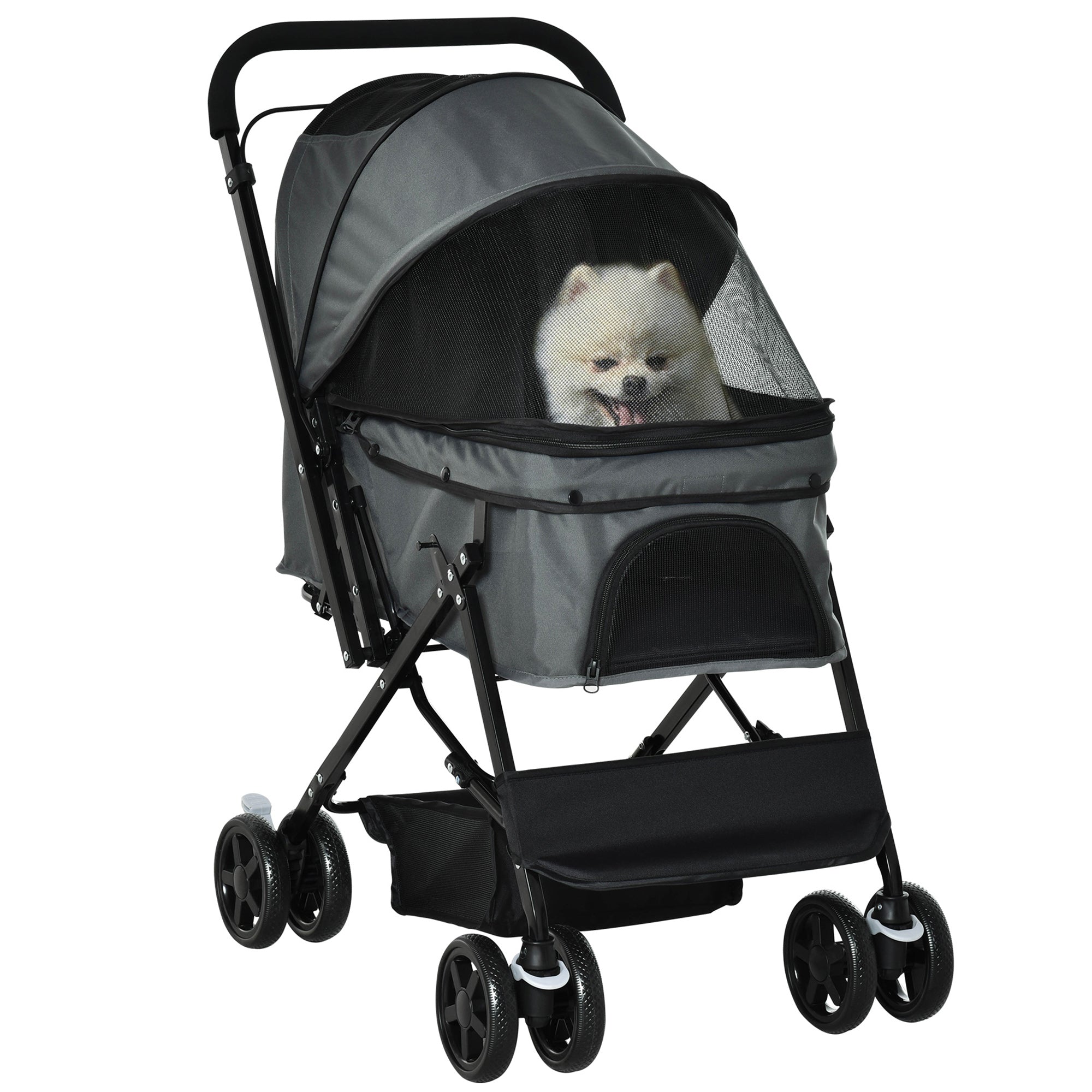 PawHut Pet Stroller Pushchair Foldable Travel Dog Cat Carriage w/ Reversible Handle Brake Basket - North Peak Garden Furniture
