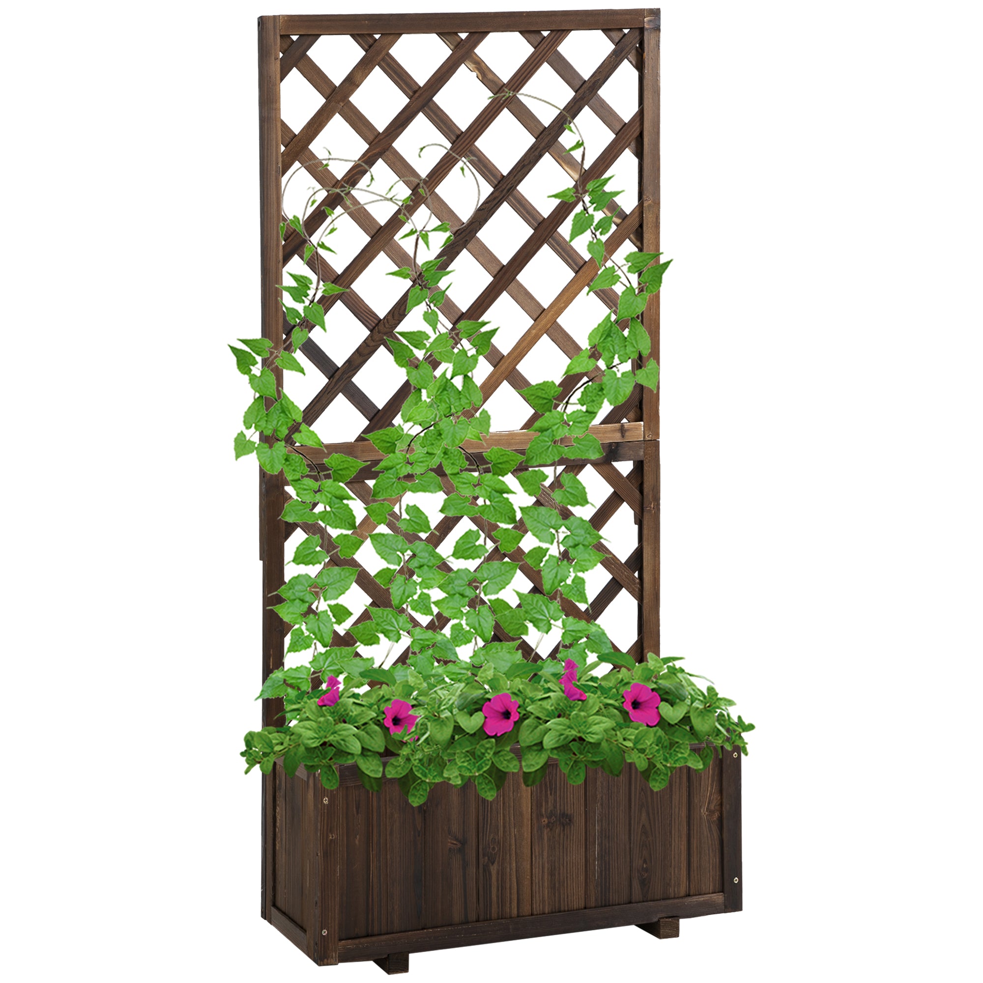 Outsunny 72.5 x 31.5 x 149.5 cm 45L Garden Wooden Pine Trough Planter with Topped Trellis Climbing Plants Flower Raised Bed, Carbonised Finish - North Peak Garden Furniture