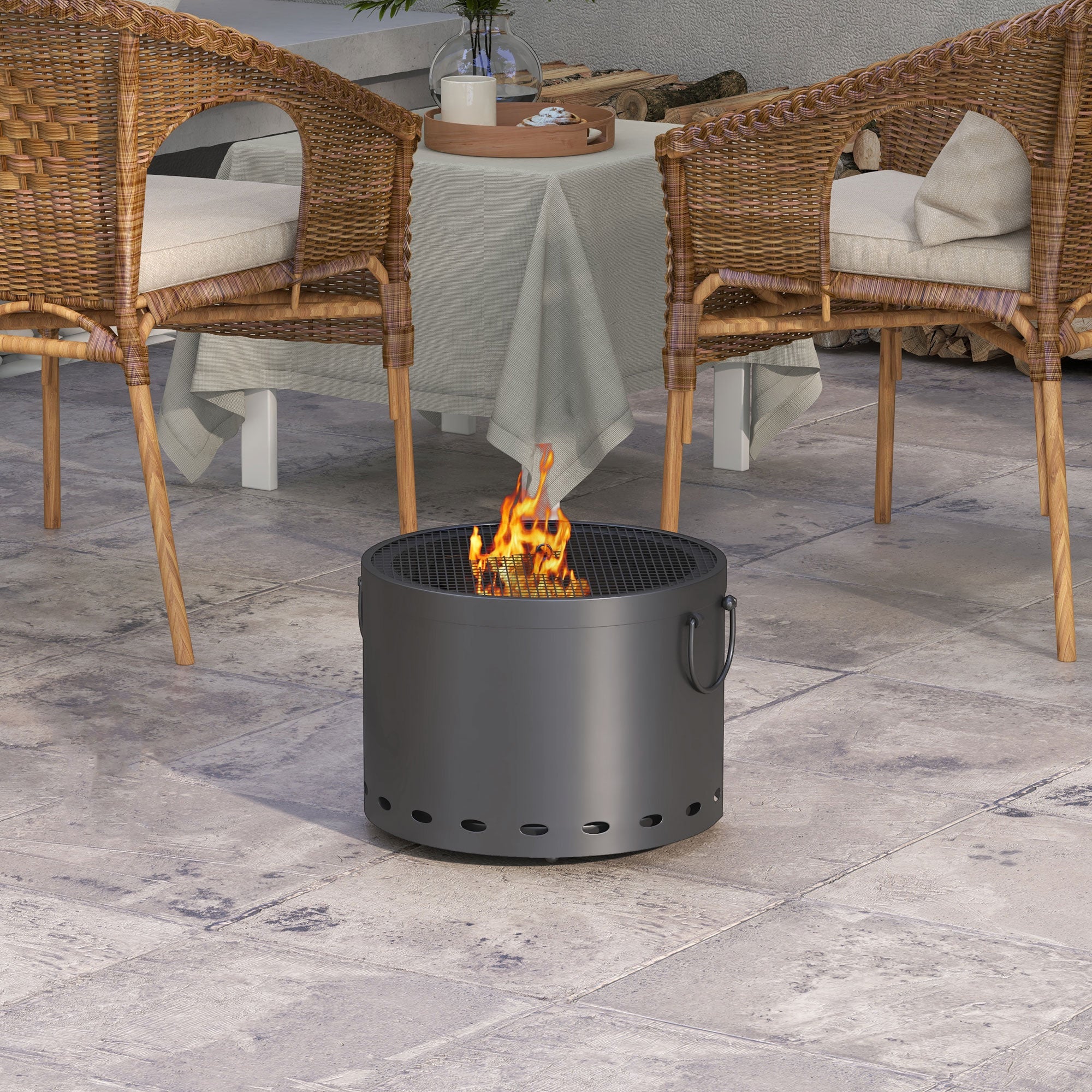 Outsunny Smokeless Fire Pit, 38cm Portable Wood Burning Firepit with Spark Screen and Poker, Low Smoke Camping Bonfire Stove for Garden Patio Picnic, Dark Grey - North Peak Garden Furniture