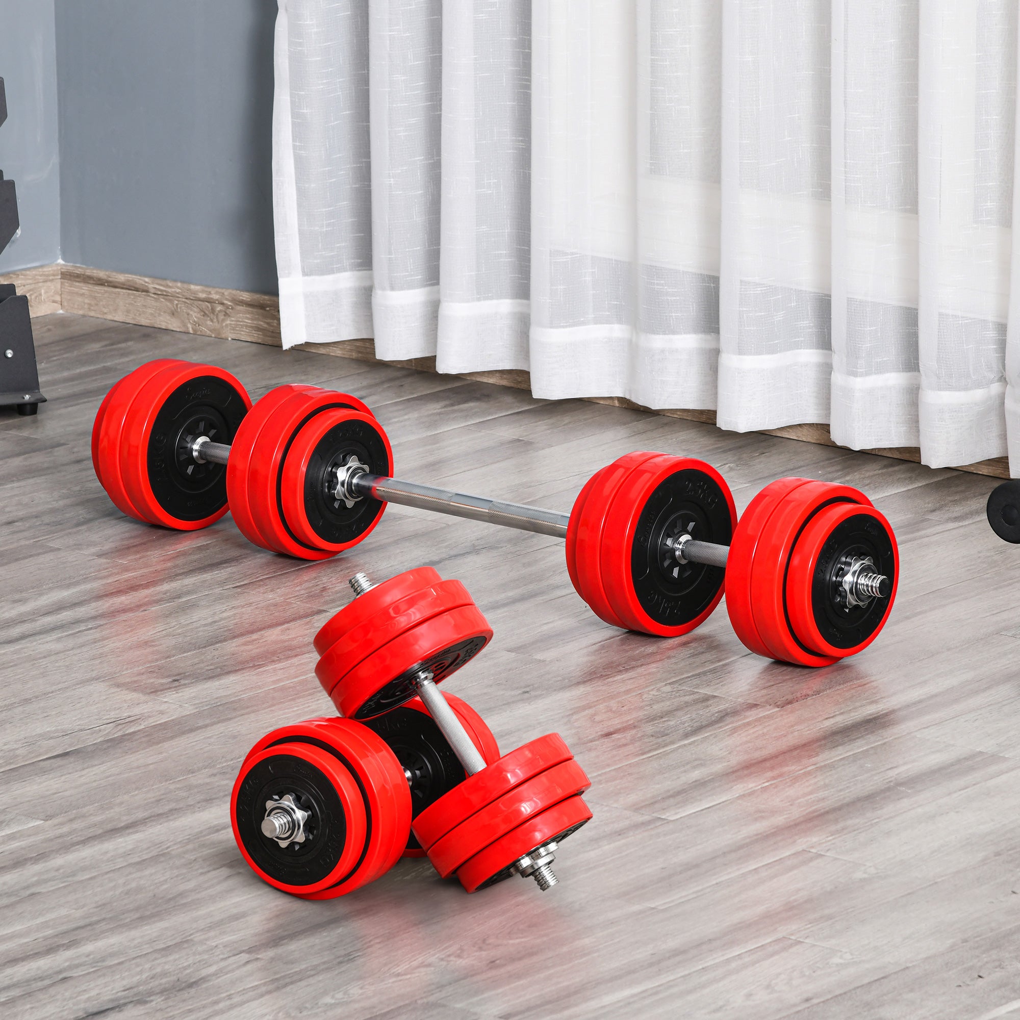HOMCOM 30KGS 2-In-1 Dumbbell & Barbell Adjustable Set Strength Muscle Exercise Fitness Plate Bar Clamp Rod Home Gym Sports Area - North Peak Garden Furniture