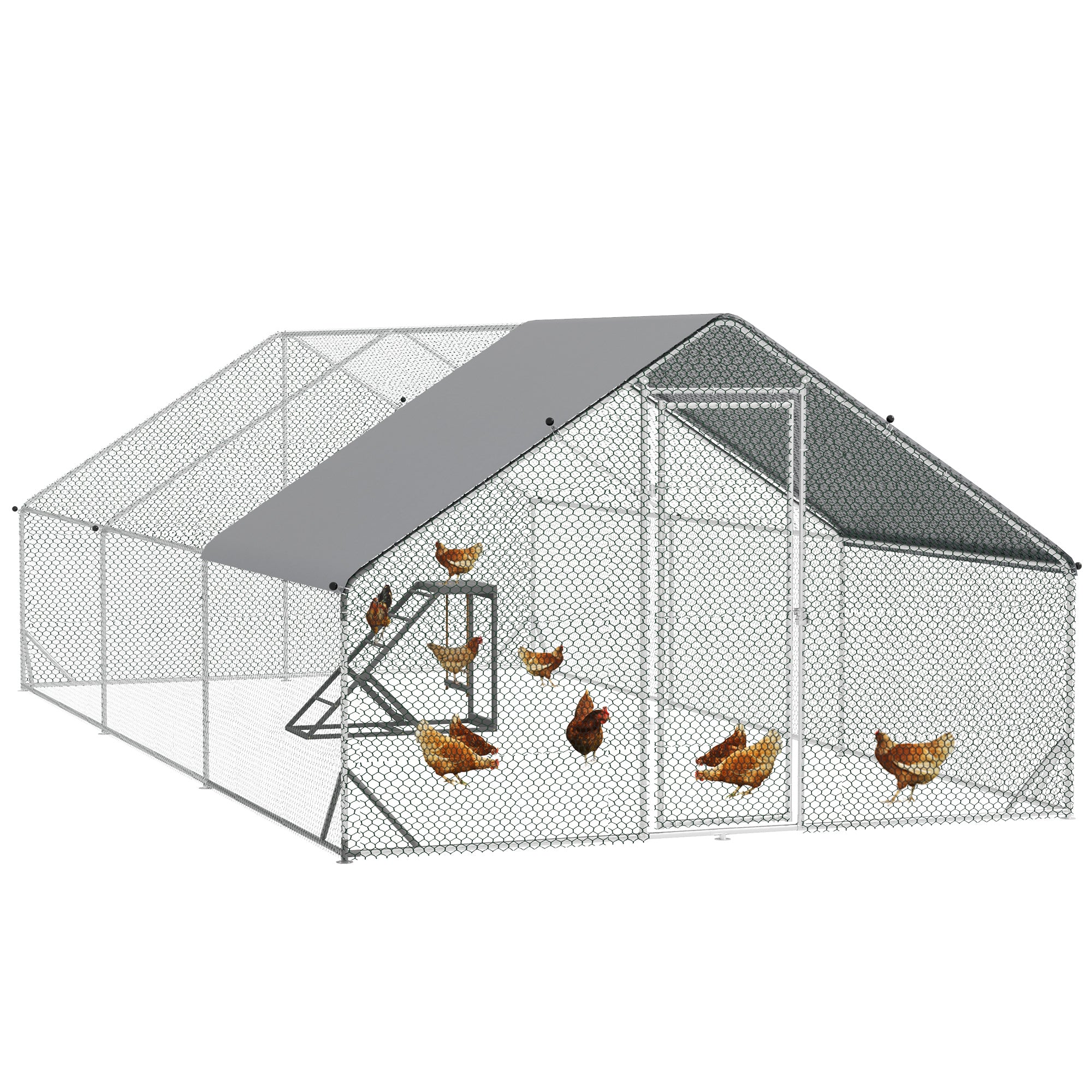 PawHut Walk-in Galvanised Steel Chicken Run with Chicken Activity Shelf and Cover, 3 x 6 x 2m - North Peak Garden Furniture
