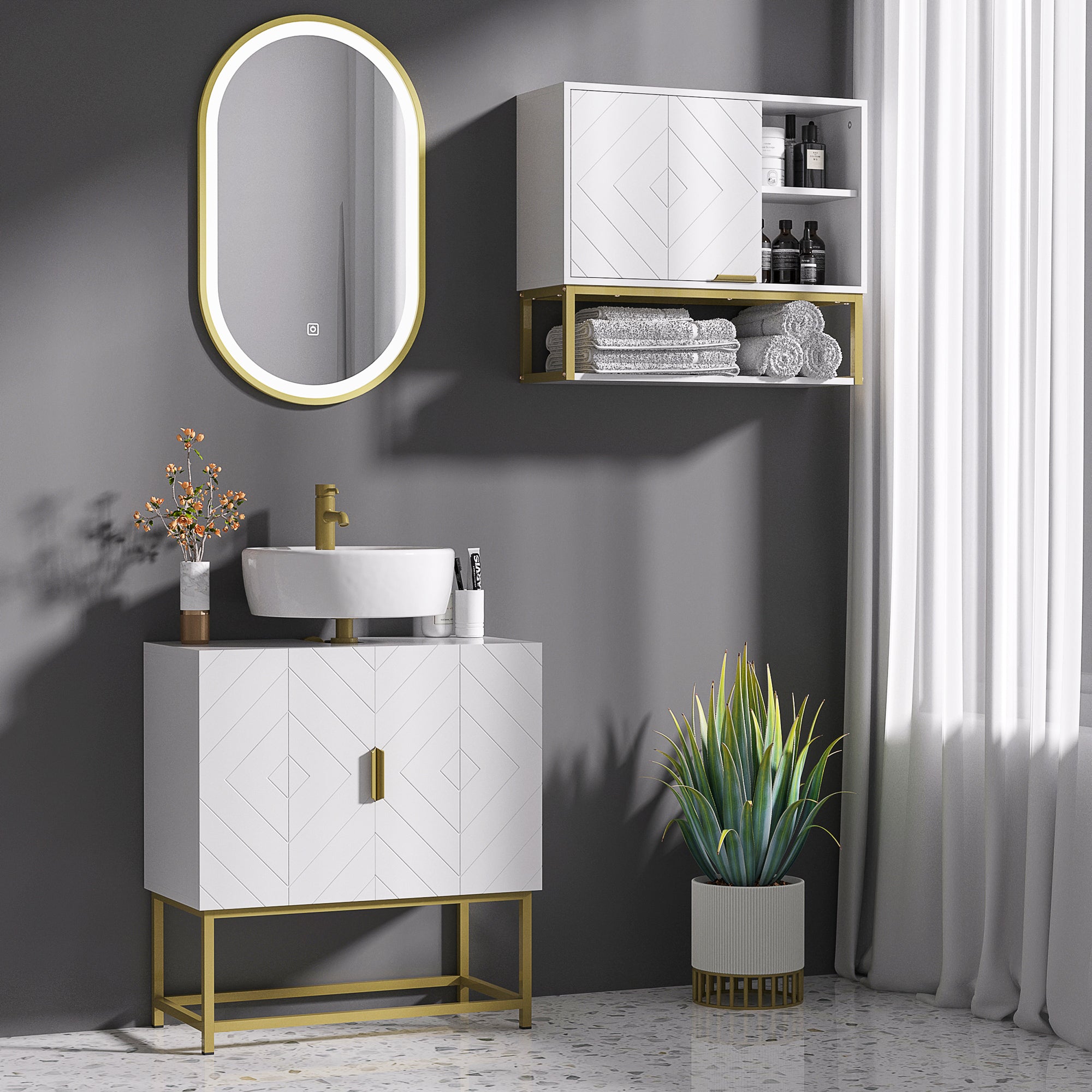 kleankin Bathroom Mirror Cabinet Under Sink Storage Cabinet Basin Cupboard with 2 Doors and Gold Steel Legs - North Peak Garden Furniture