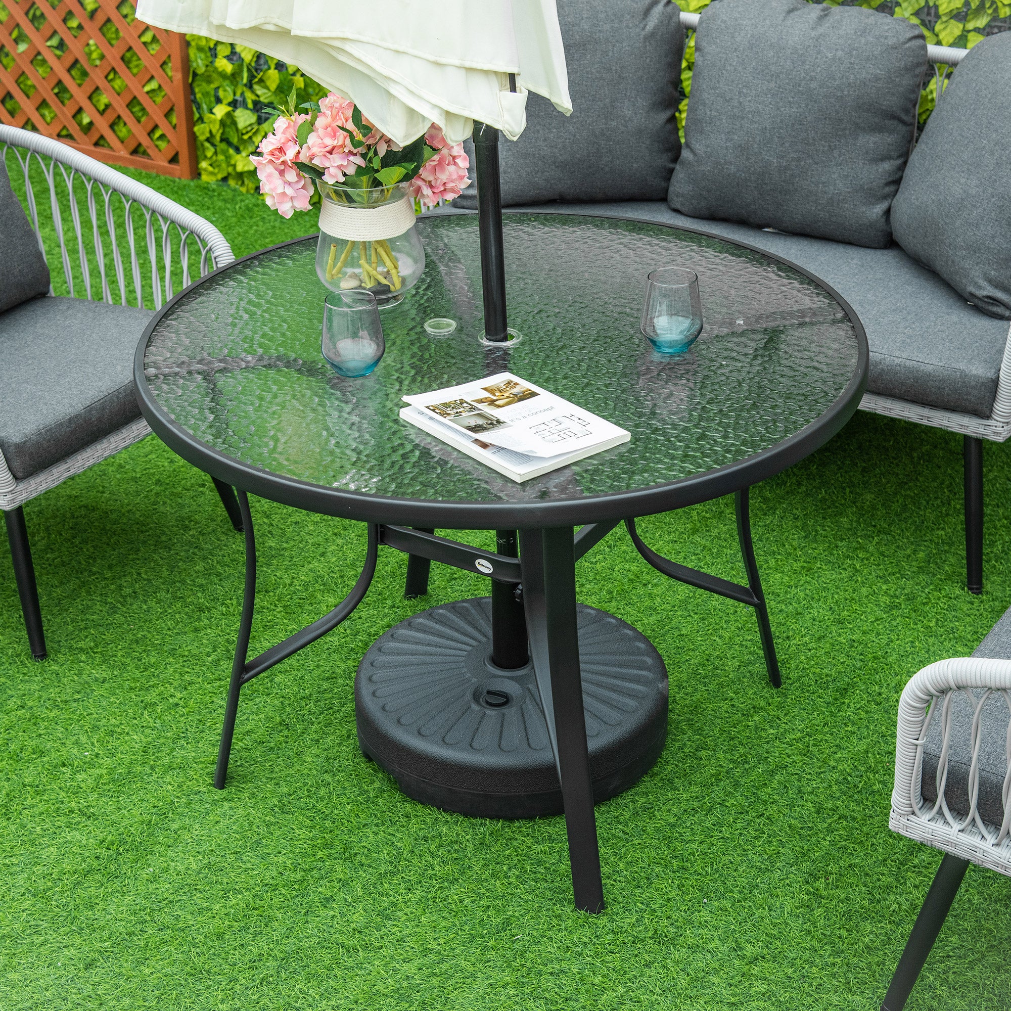 Outsunny 106cm Round Garden Dining Table with Parasol Hole Tempered Glass Top Steel Frame - North Peak Garden Furniture