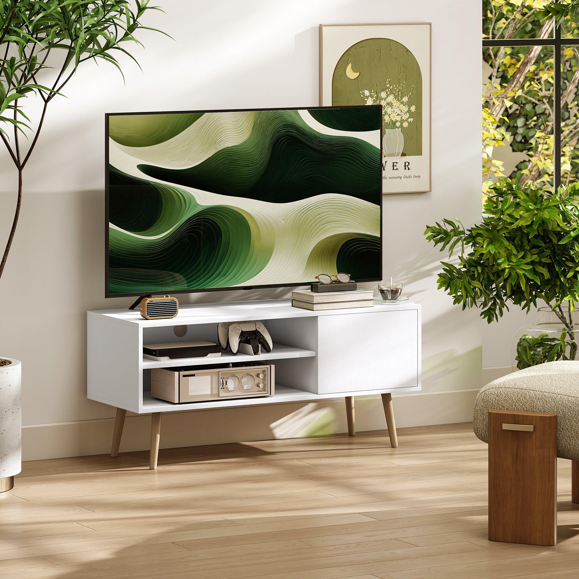 HOMCOM TV Stand up to 55 Inches, TV Unit with Open Shelves and Cable Holes - White - North Peak Garden Furniture