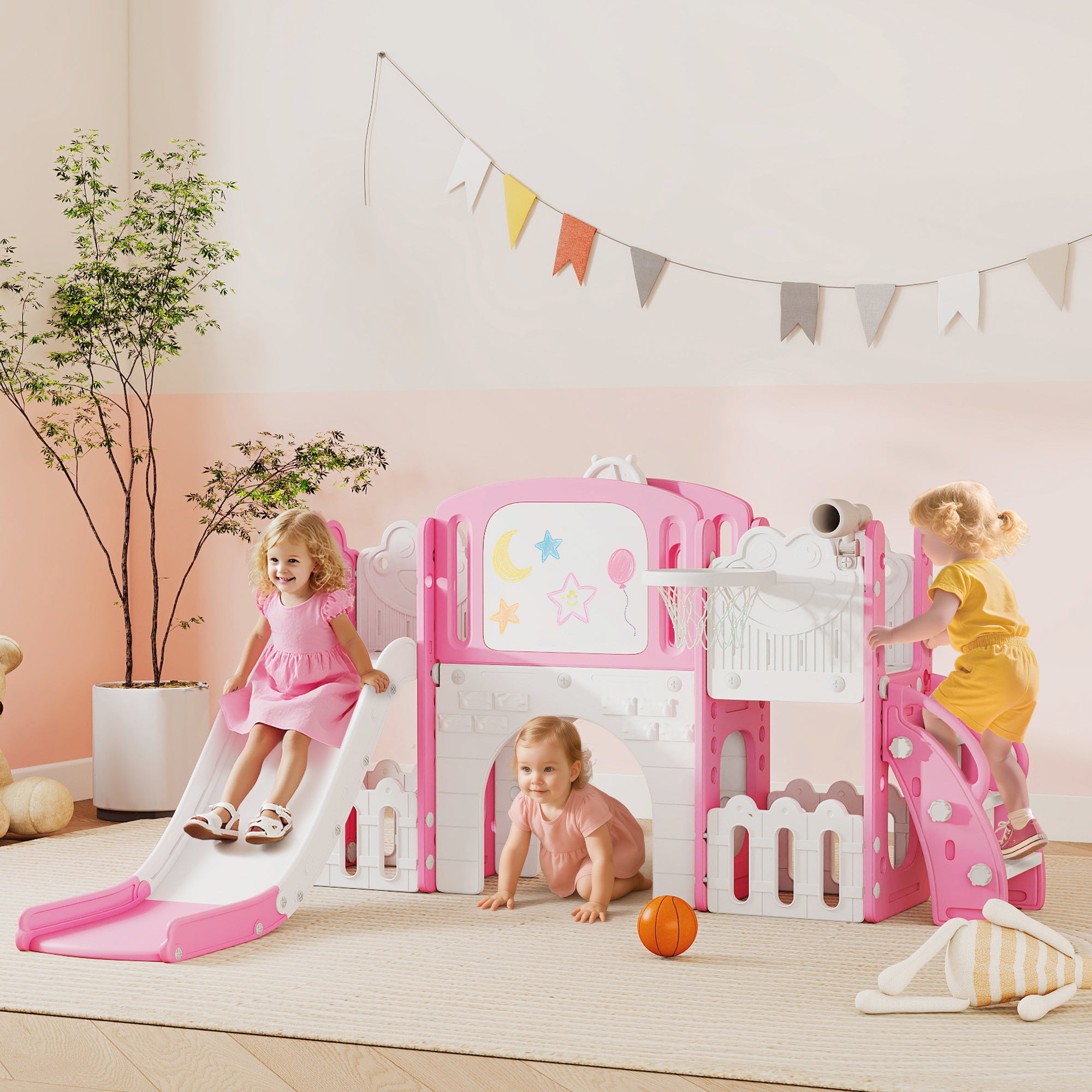 AIYAPLAY 7 in 1 Toddler Slide Set with Basketball Hoop, Climbing Frame, Telescope, Drawing Board, Storage Box, Pink