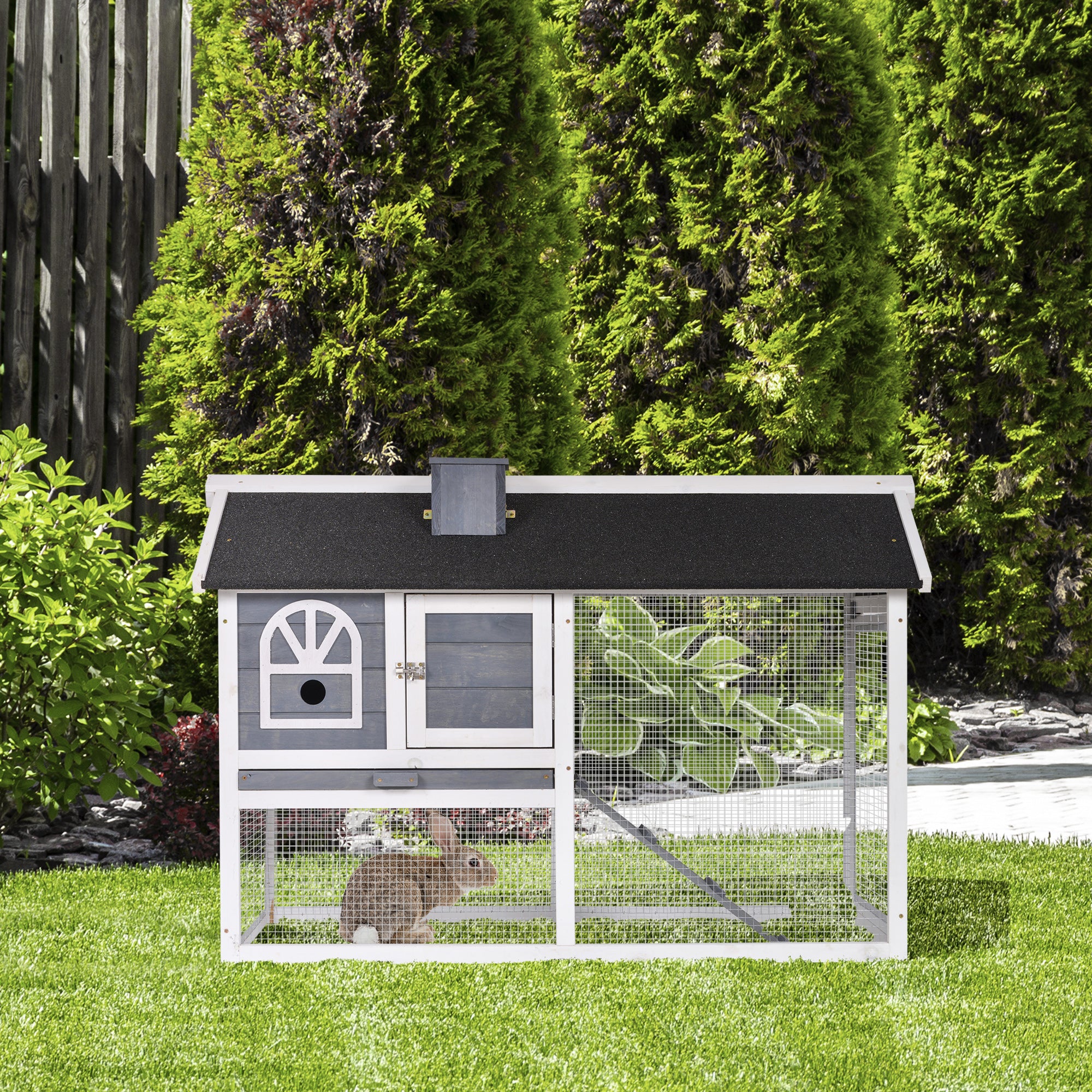 PawHut 2 Tiers Rabbit Hutch and Run Wooden Guinea Pig Hutch Outdoor with Sliding Tray, Ramp, Water-resistant Roof, for 2-4 Rabbits, Grey - North Peak Garden Furniture