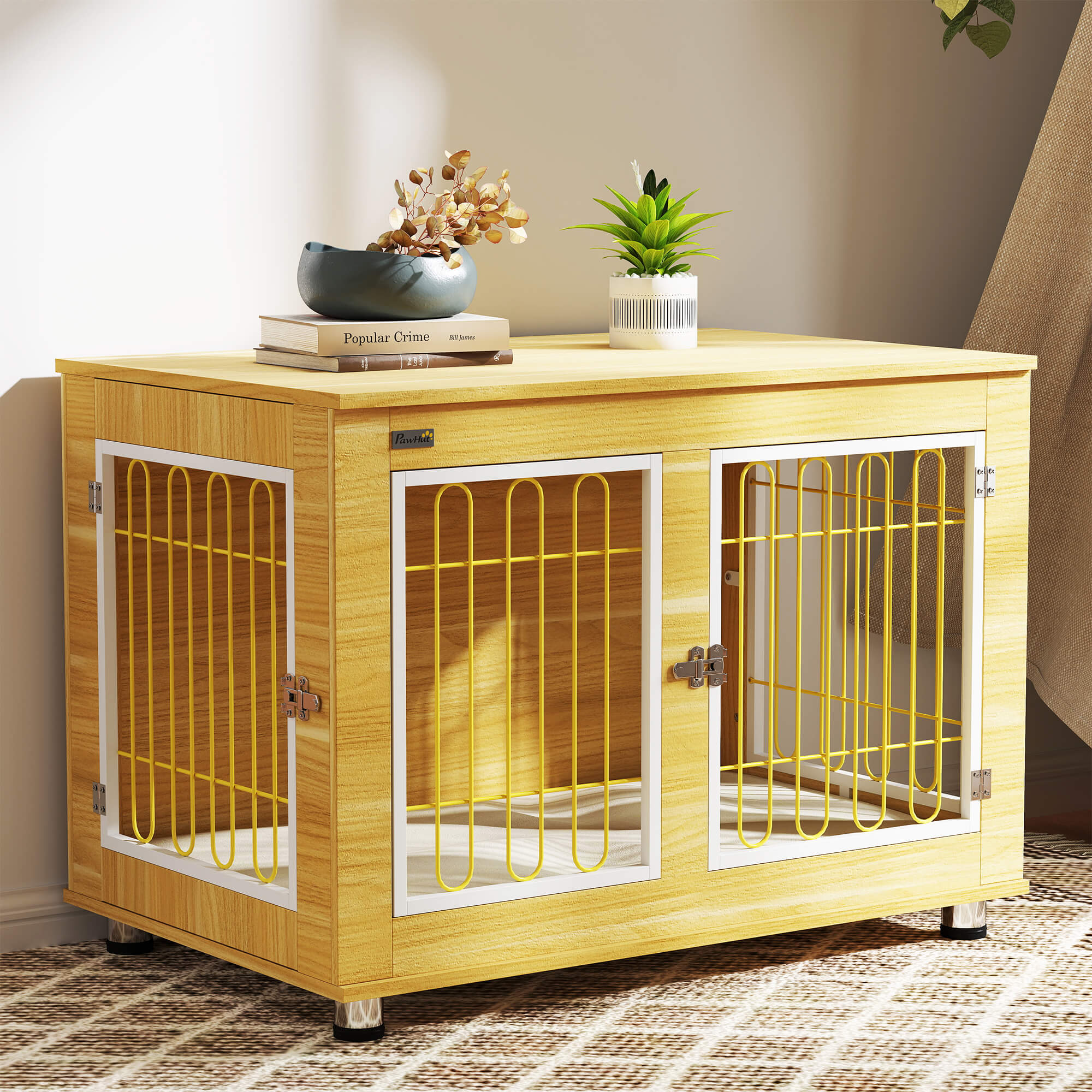 PawHut Dog Crate Furniture, Dog Cage End Table. with Soft Cushion, Double Door - Oak Tone - North Peak Garden Furniture