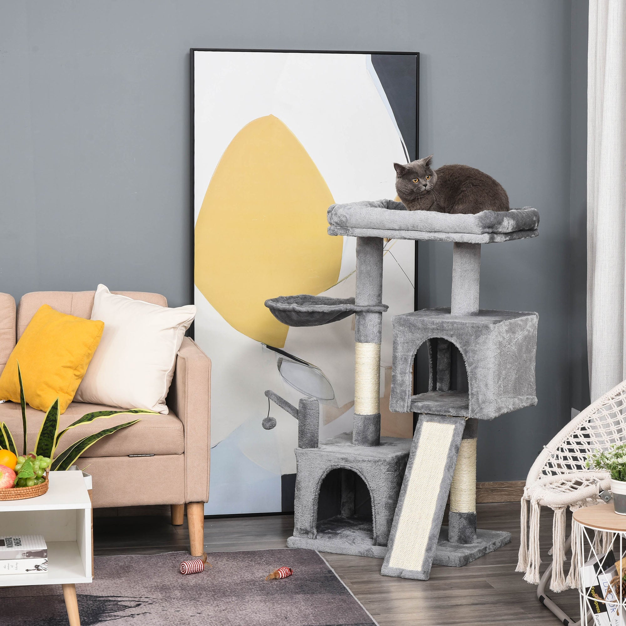 PawHut Cat Tree Tower for Indoor Cats, 111cm Kitten Activity Centre with Scratching Post Pad Hammock Condo Bed Ball Toy, Grey - North Peak Garden Furniture