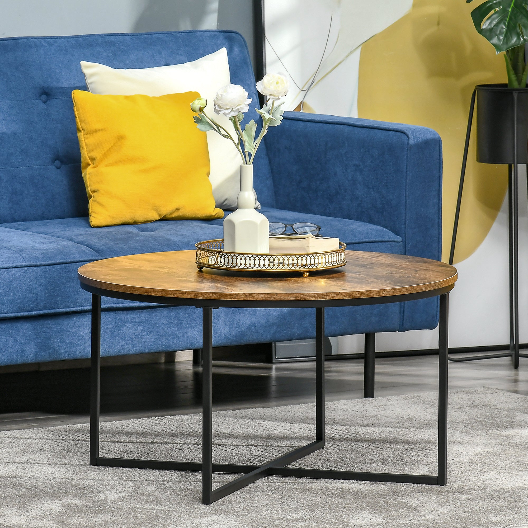 HOMCOM Round Coffee Table, Industrial Side Table with Metal Frame, Large Coffee Tables for Living Room, Bedroom, Rustic Brown - North Peak Garden Furniture