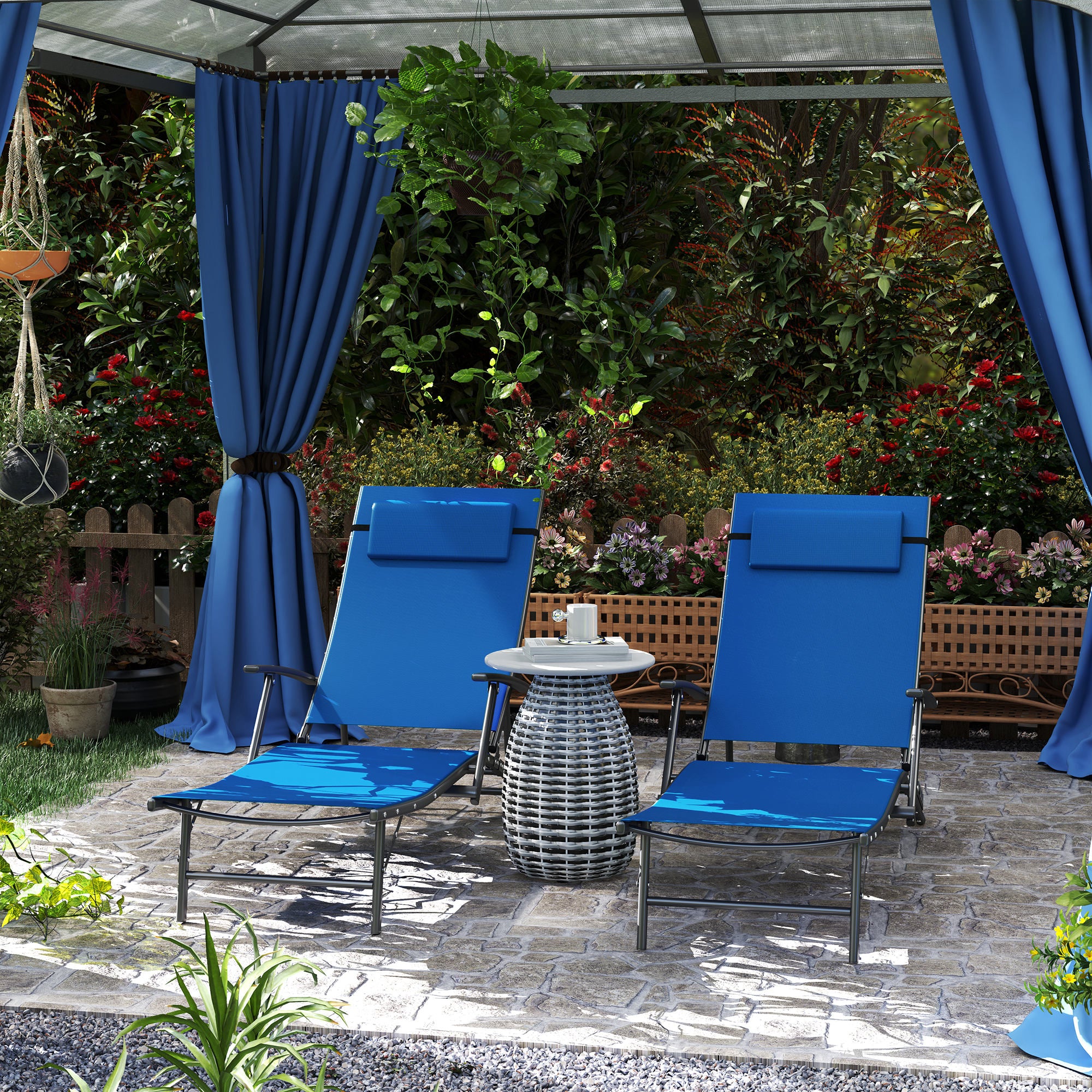 Outsunny Set of Two Adjustable Back Sun Loungers - Blue - North Peak Garden Furniture